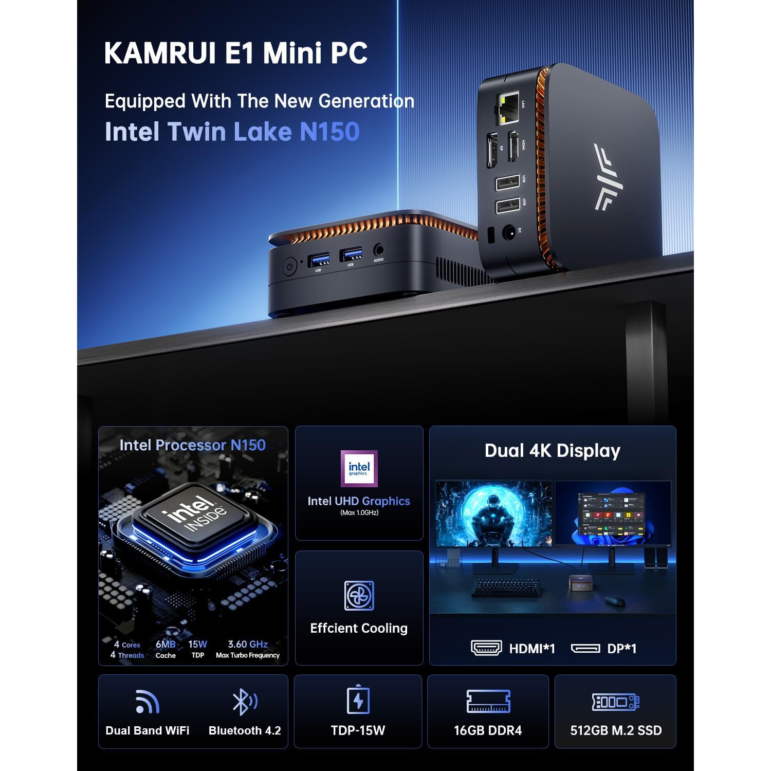 高性能 MINI PC Intel N150 Ram 16gb, Ssd 512 Mini PC, Intel Twin Lake N150 (Upgraded N100, up to 3.6GHz) 16GB