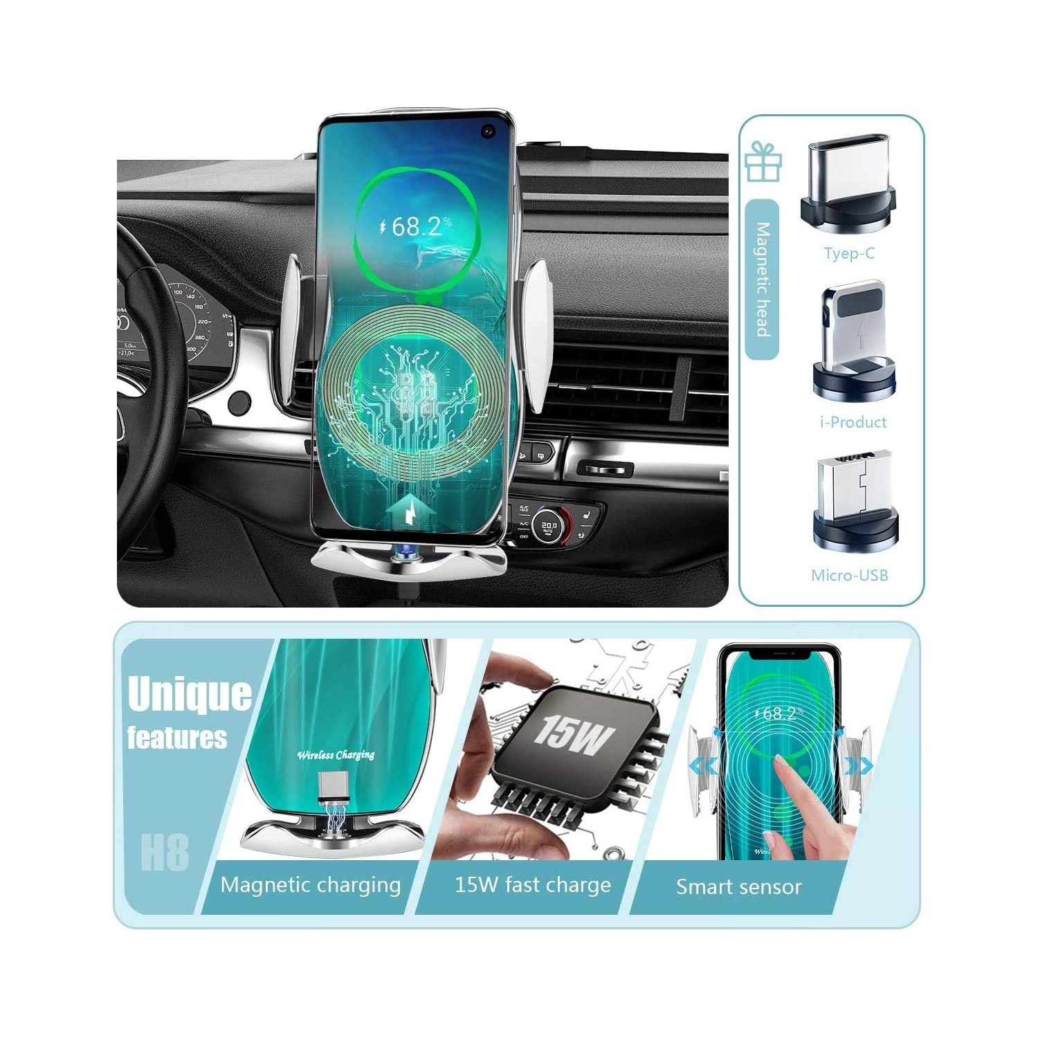 Wireless Car Charger Mount, Qi Auto Clamping Car Phone Charging Air Vent Holder for iPhone/Samsung(Silver)