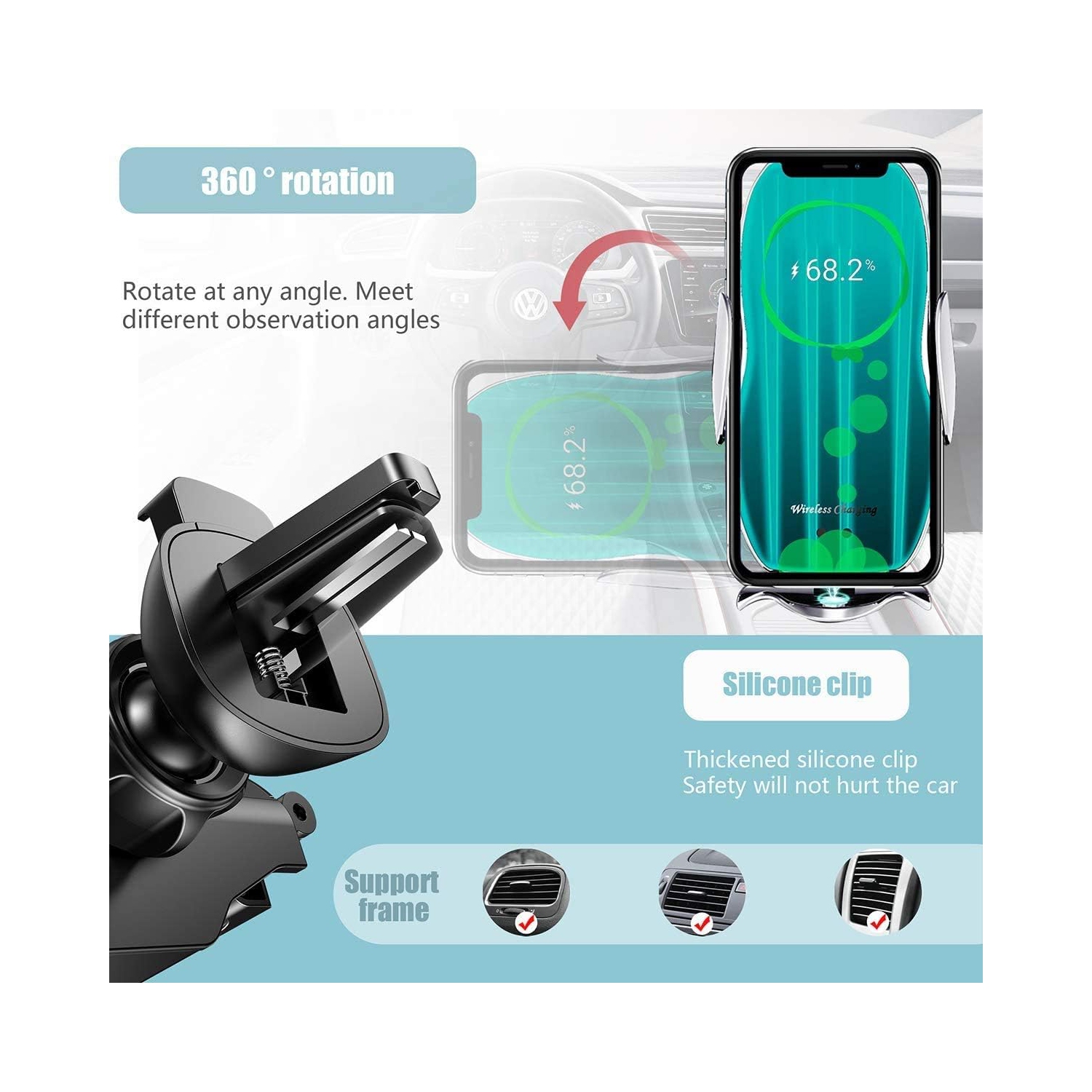 Wireless Car Charger Mount, Qi Auto Clamping Car Phone Charging Air Vent Holder for iPhone/Samsung(Silver)