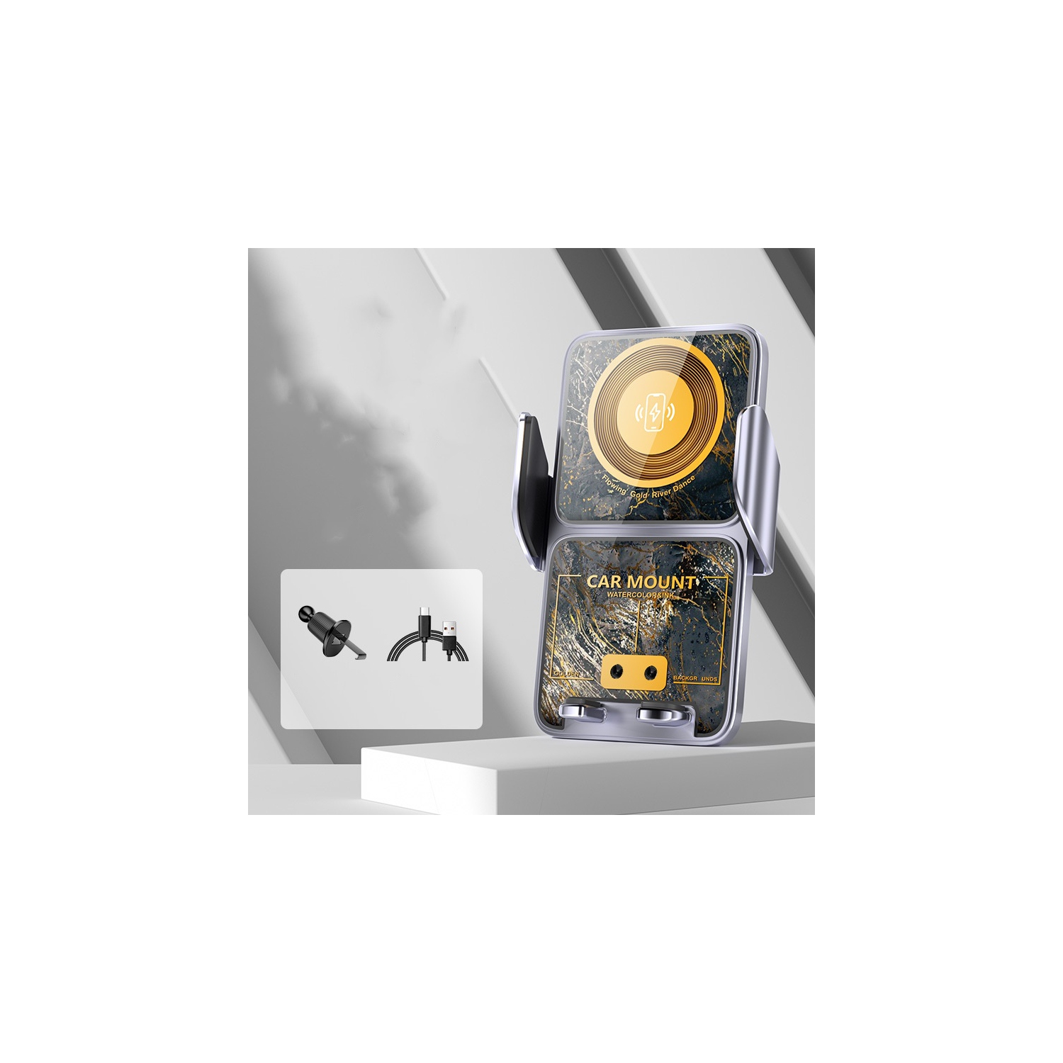 Chargeur sans fil pour l'auto; Chargeur sans fil pour l'auto; Fixation automatique; Support pour bouche d'air inclus; Chargeur de téléphone pour