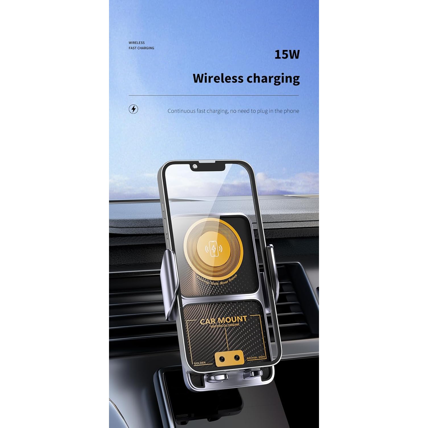 Chargeur sans fil pour l'auto; Chargeur sans fil pour l'auto; Fixation automatique; Support pour bouche d'air inclus; Chargeur de téléphone pour