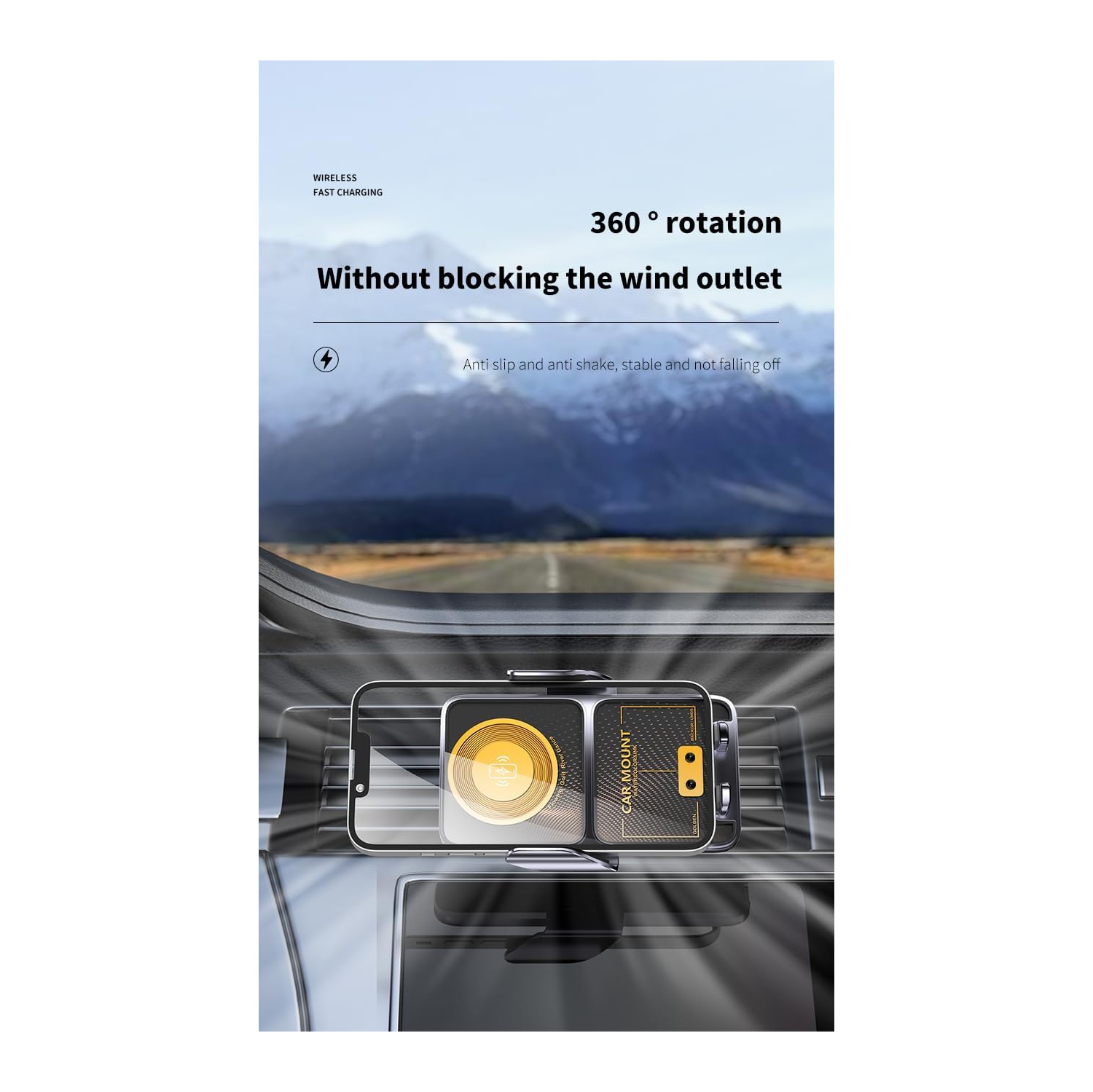 Chargeur sans fil pour l'auto; Chargeur sans fil pour l'auto; Fixation automatique; Support pour bouche d'air inclus; Chargeur de téléphone pour
