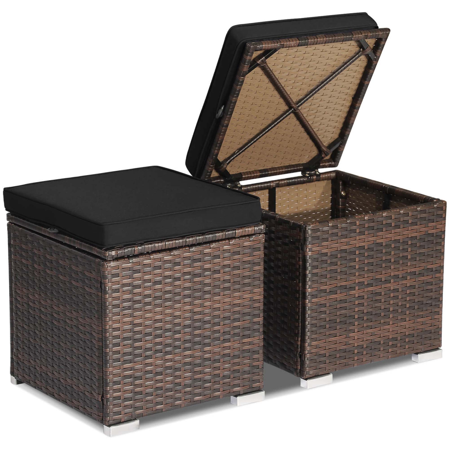 Gymax 2PCS Rattan Ottomans Seat Side Table Storage Box Footstool w/ Black Cushion Patio