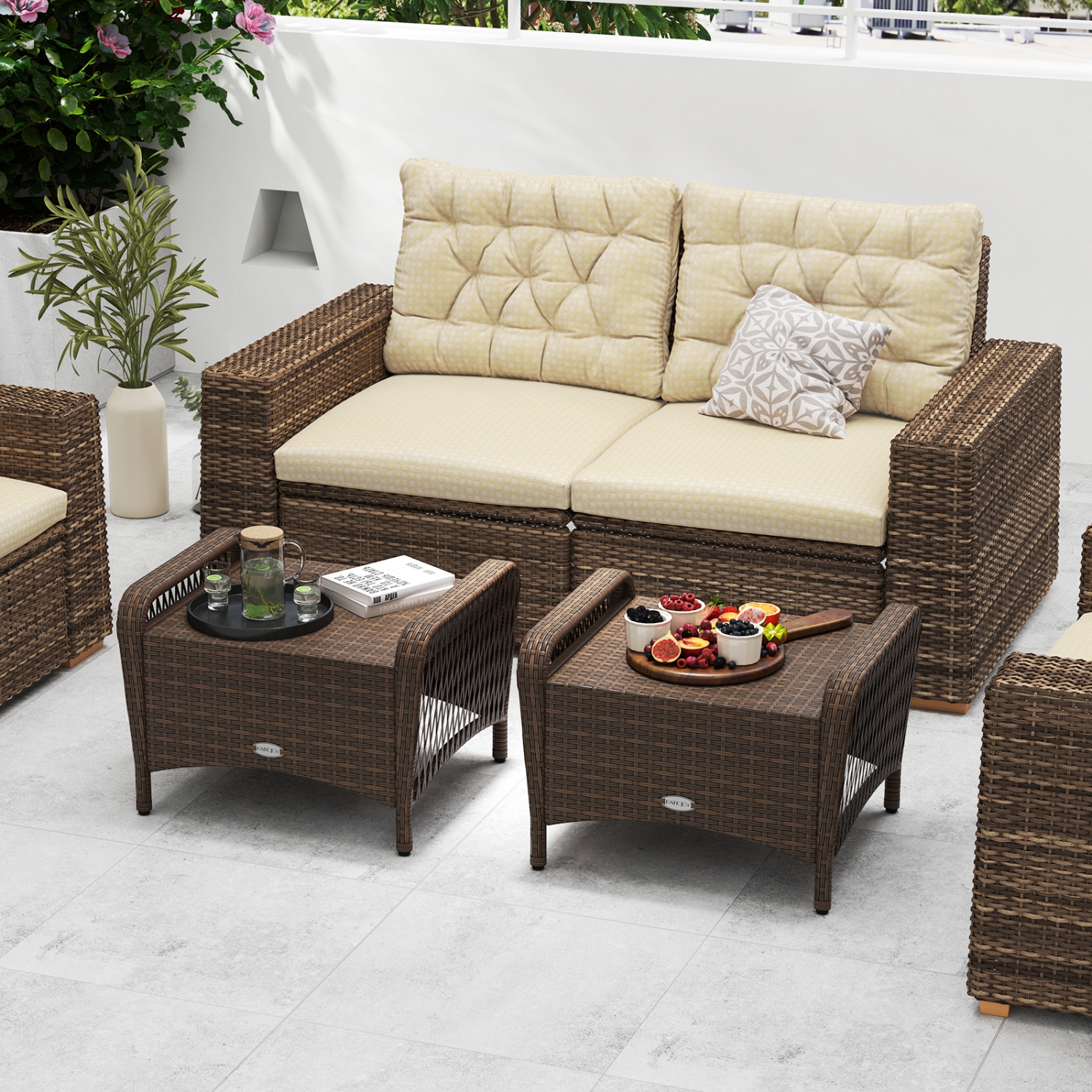 Gymax 2 Pieces Outdoor Patio PE Wicker Ottomans w/ Removable Cushions Footstools