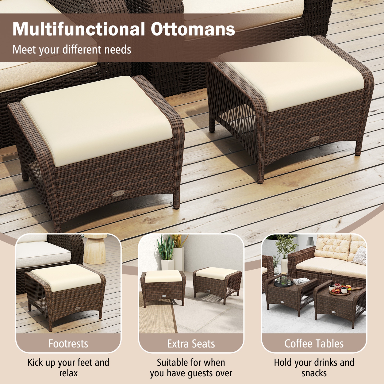 Gymax 2 Pieces Outdoor Patio PE Wicker Ottomans w/ Removable Cushions Footstools