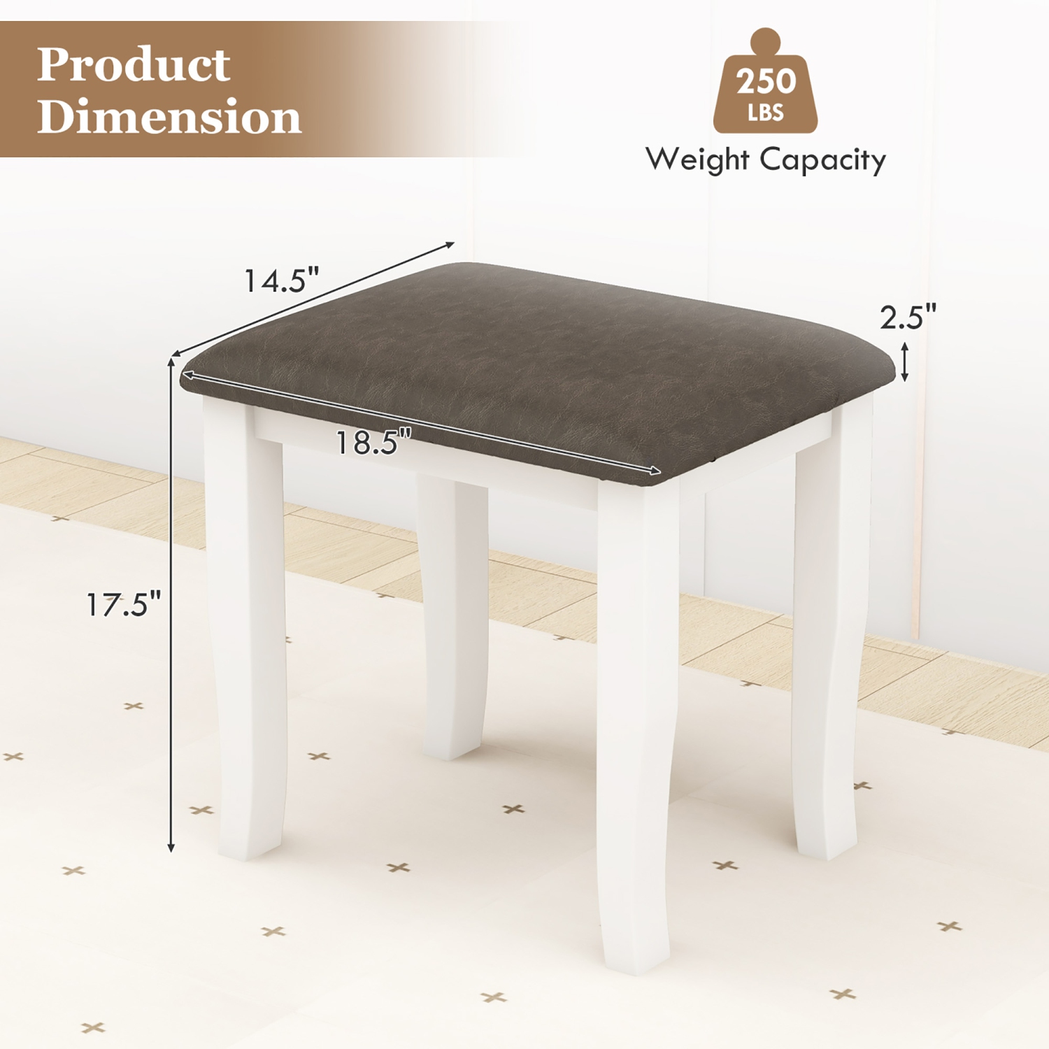 Gymax 2PCS Vanity Stool Chair Solid Wood Ottoman Set w/ Padded Seat Cushion Gray