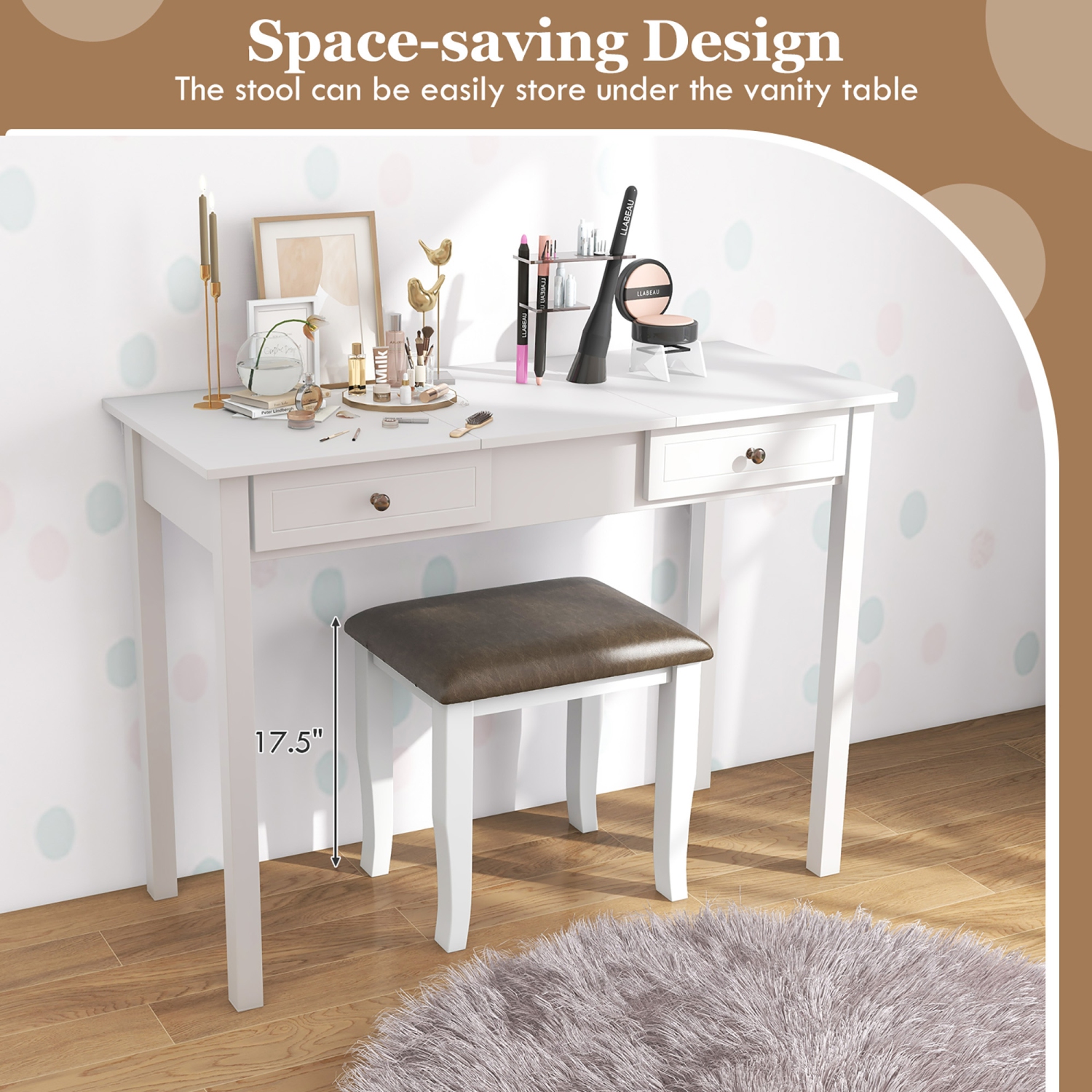 Gymax 2PCS Vanity Stool Chair Solid Wood Ottoman Set w/ Padded Seat Cushion Gray