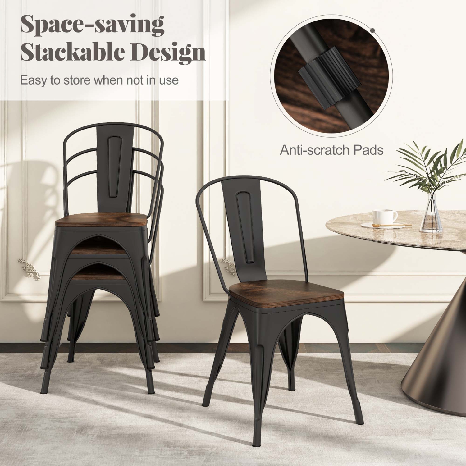 Gymax Tolix Style Metal Dining Chairs Set of 4 w/ Wood Seat & Removable Backrest