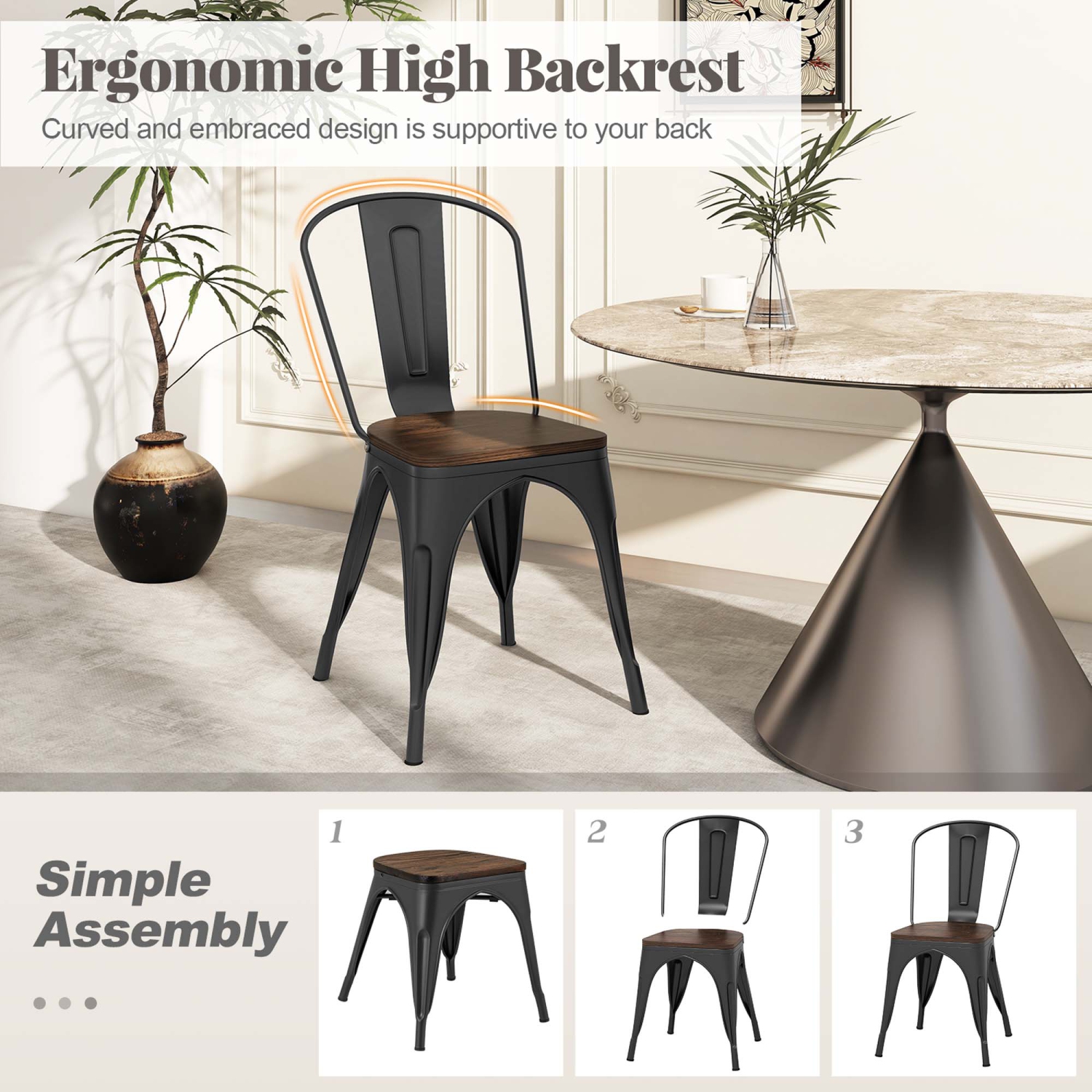 Gymax Tolix Style Metal Dining Chairs Set of 4 w/ Wood Seat & Removable Backrest