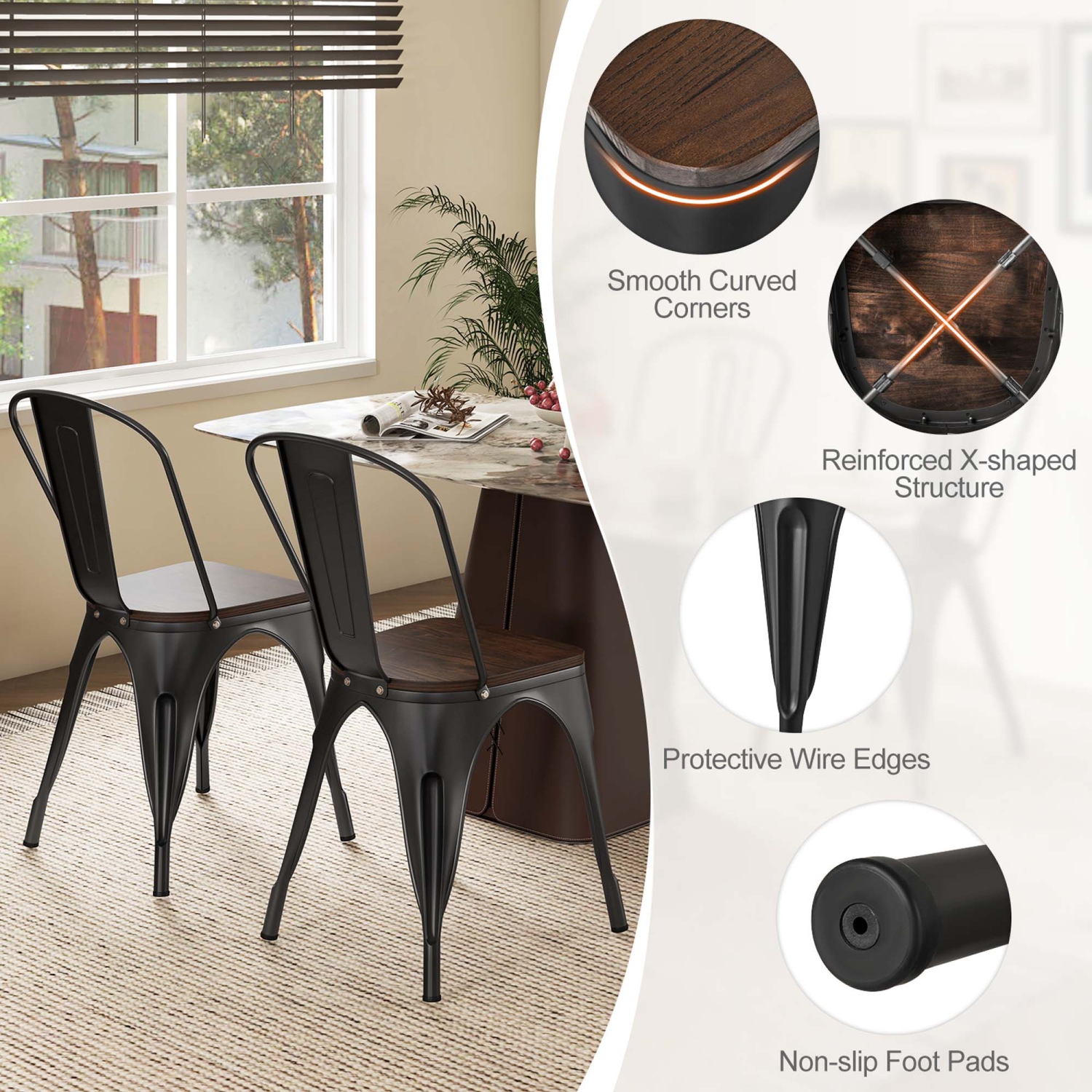 Gymax Tolix Style Metal Dining Chairs Set of 4 w/ Wood Seat & Removable Backrest