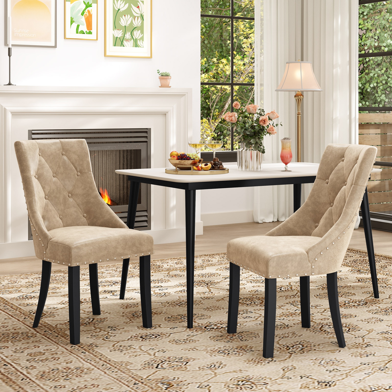 Gymax Upholstered Dining Chairs Set of 4 Tufted Wingback Chairs w/ Solid Wood Legs