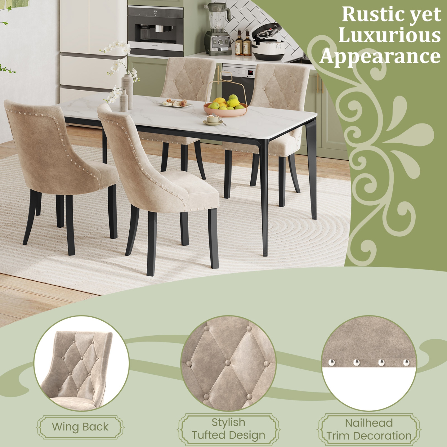 Gymax Upholstered Dining Chairs Set of 4 Tufted Wingback Chairs w/ Solid Wood Legs