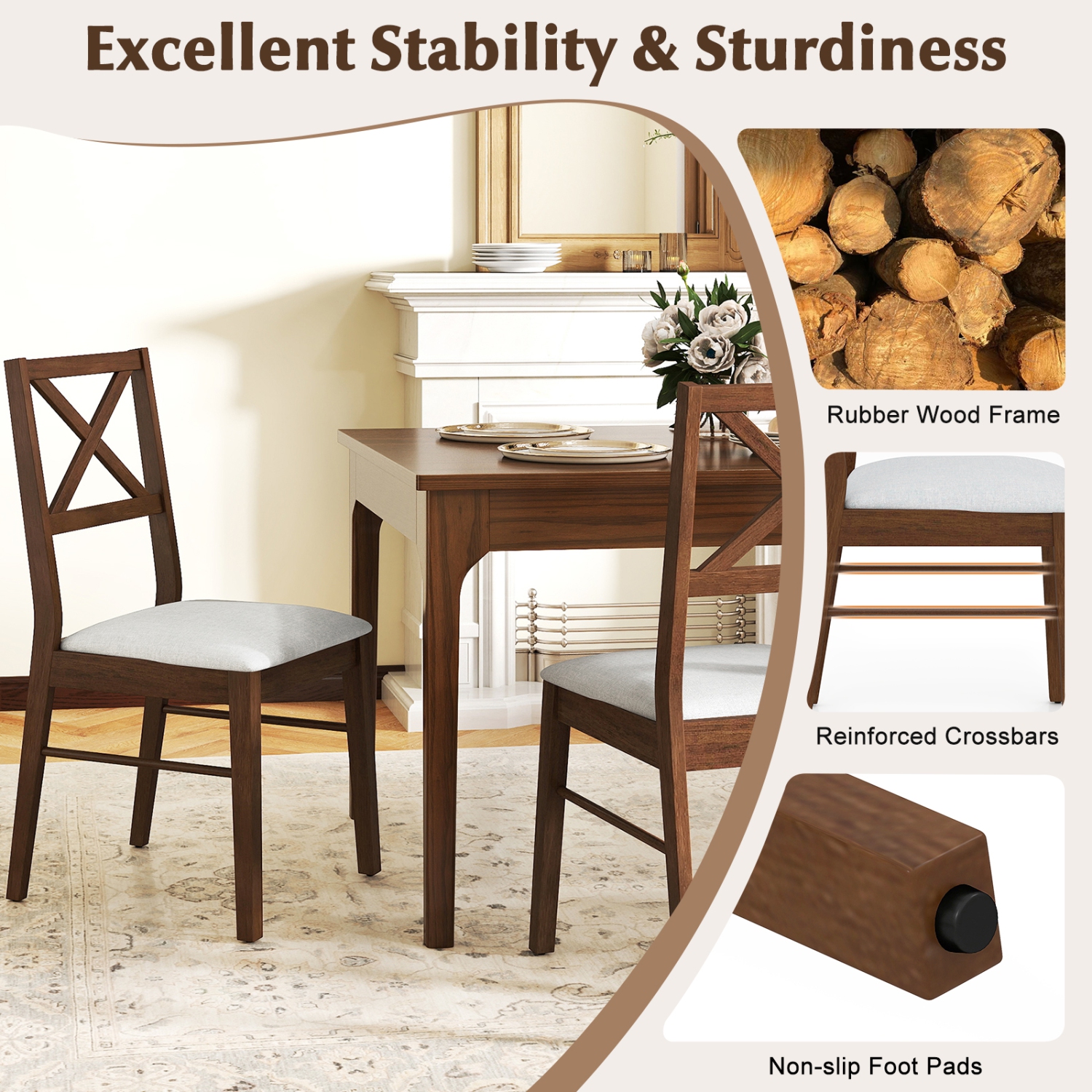 Gymax Dining Chairs Set of 4 Upholstered Kitchen Side Chairs w/ Rubber Wood Frame