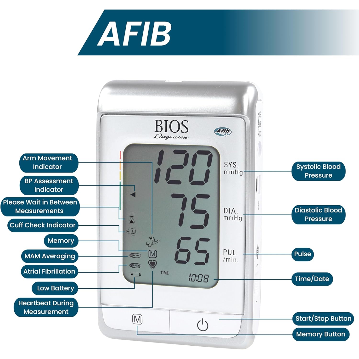 Tensiomètre de BIOS Diagnostics – Avec dépistage de la fibrillation auriculaire, utilisation à domicile, lecture du bras supérieur, FIB
