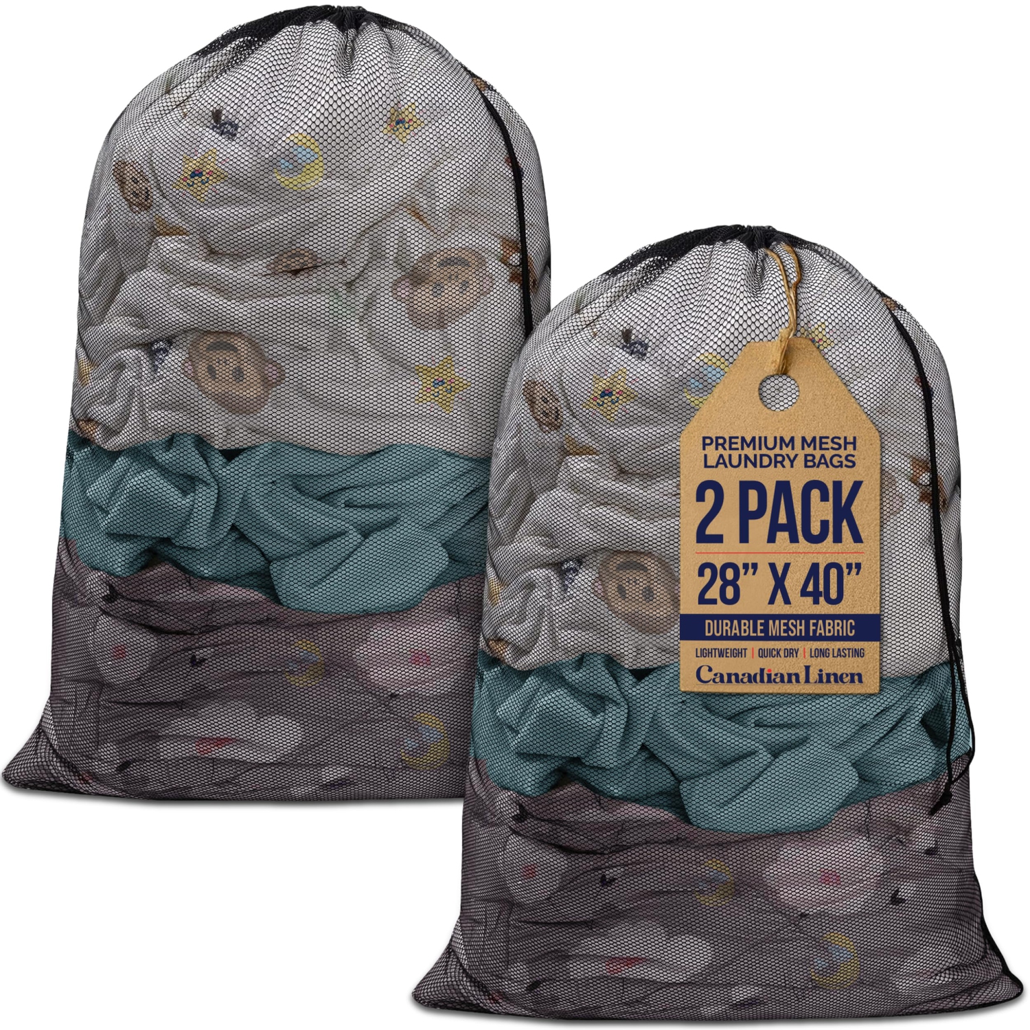 Canadian Linen Mesh Laundry Bags, 28"x40", 2 Pack, Drawstring Clothes Organizer Waterproof Fabric Durable Storage Bag Hamper, Black