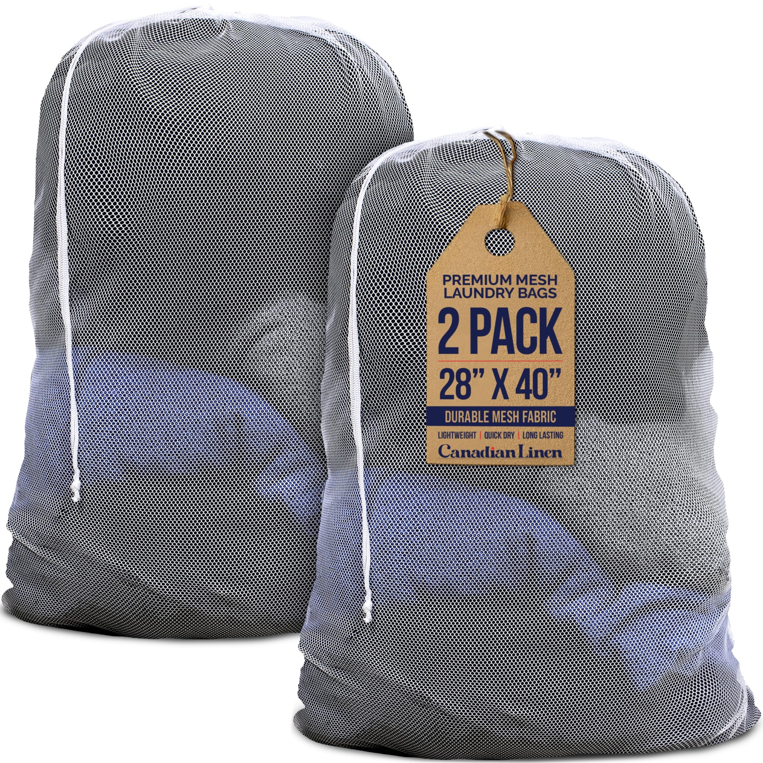 Canadian Linen Mesh Laundry Bags, 28"x40", 2 Pack, Drawstring Clothes Organizer Waterproof Fabric Durable Storage Bag Hamper, White