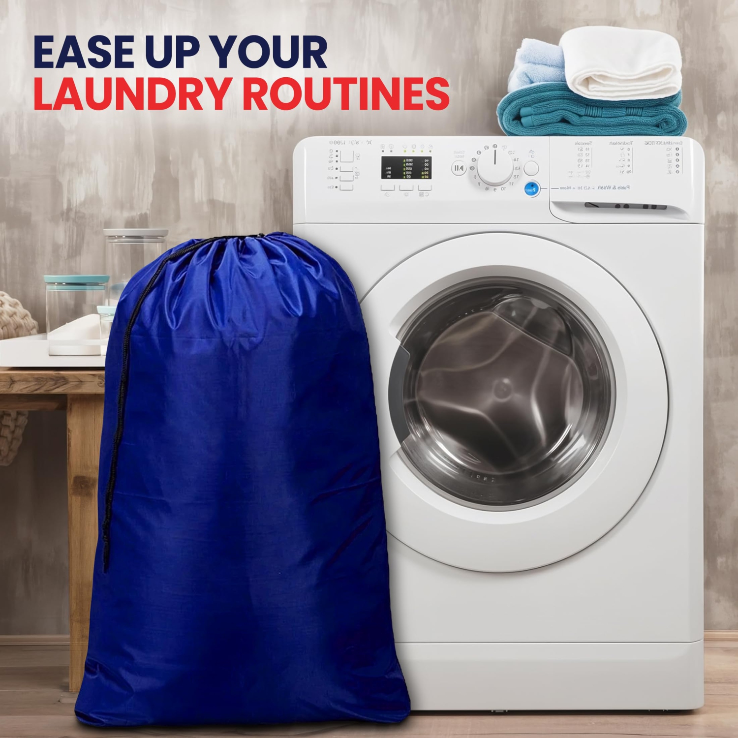 Canadian Linen Nylon Laundry Bags, 24"x36", 2 Pack, Drawstring Clothes Organizer Waterproof Fabric Durable Storage Bag Hamper, Blue