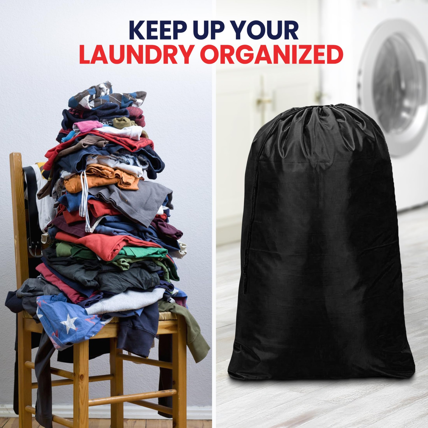 Canadian Linen Nylon Laundry Bags, 24"x36", 2 Pack, Drawstring Clothes Organizer Waterproof Fabric Durable Storage Bag Hamper, Black