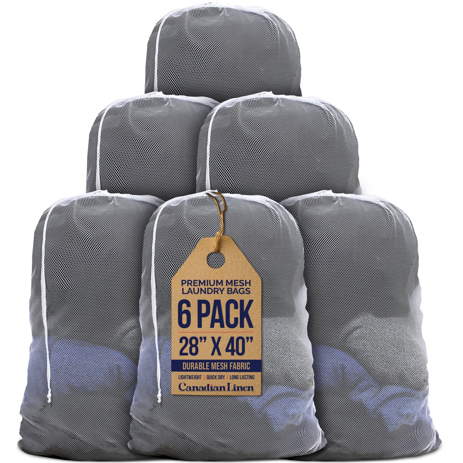 Canadian Linen Mesh Laundry Bags, 28"x40", 6 Pack, Drawstring Clothes Organizer Waterproof Fabric Durable Storage Bag Hamper, White