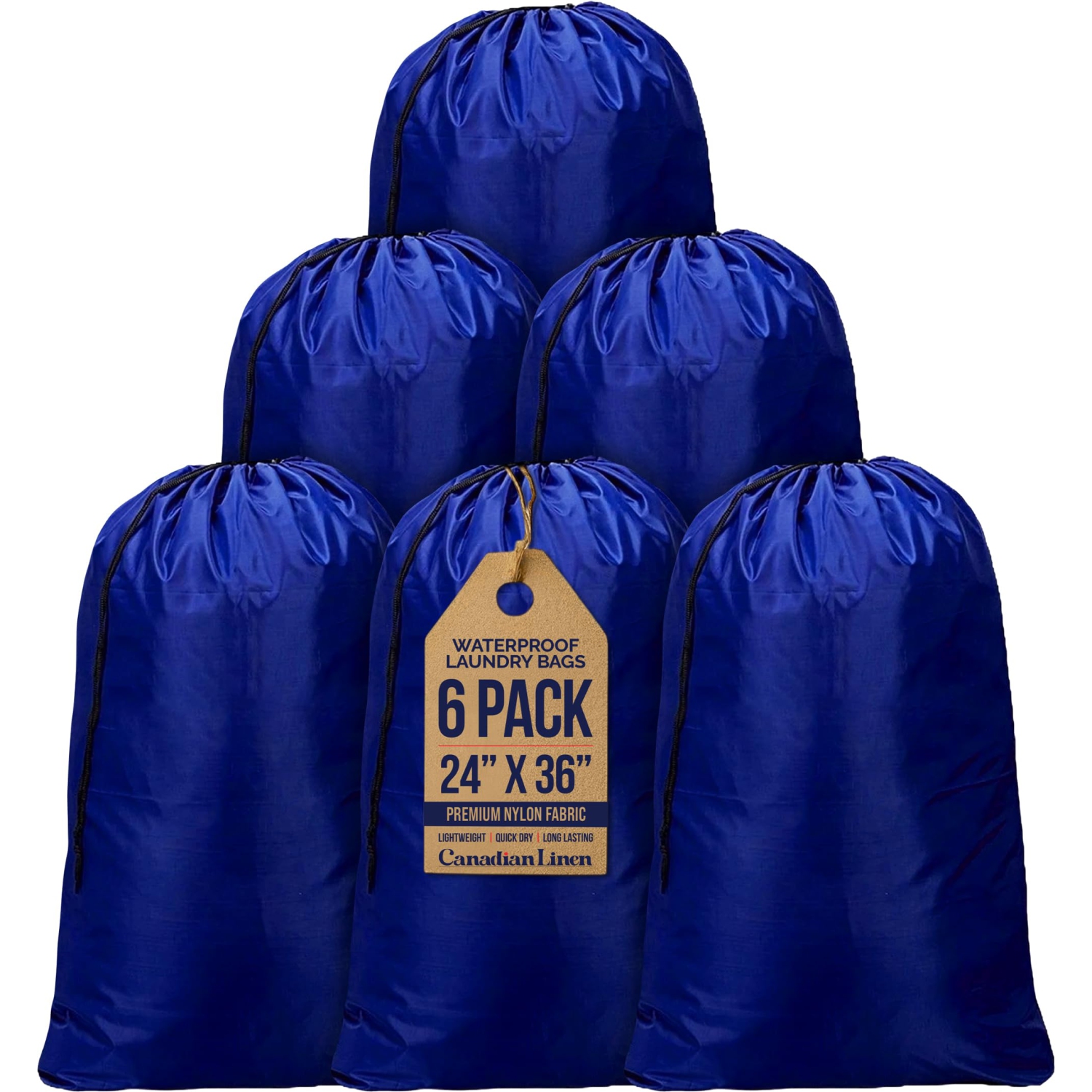 Canadian Linen Nylon Laundry Bags, 24"x36", 6 Pack, Drawstring Clothes Organizer Waterproof Fabric Durable Storage Bag Hamper, Blue