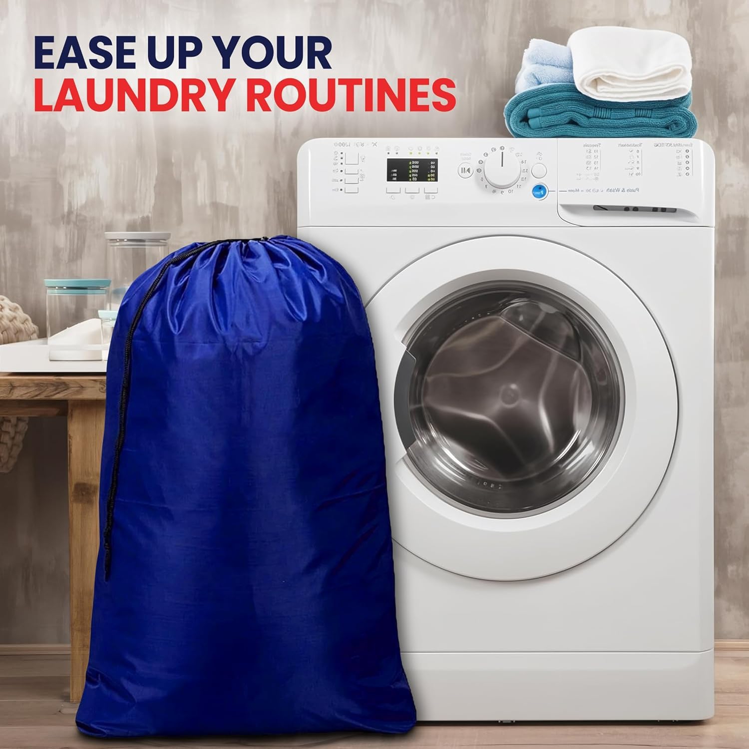 Canadian Linen Nylon Laundry Bags, 24"x36", 6 Pack, Drawstring Clothes Organizer Waterproof Fabric Durable Storage Bag Hamper, Blue