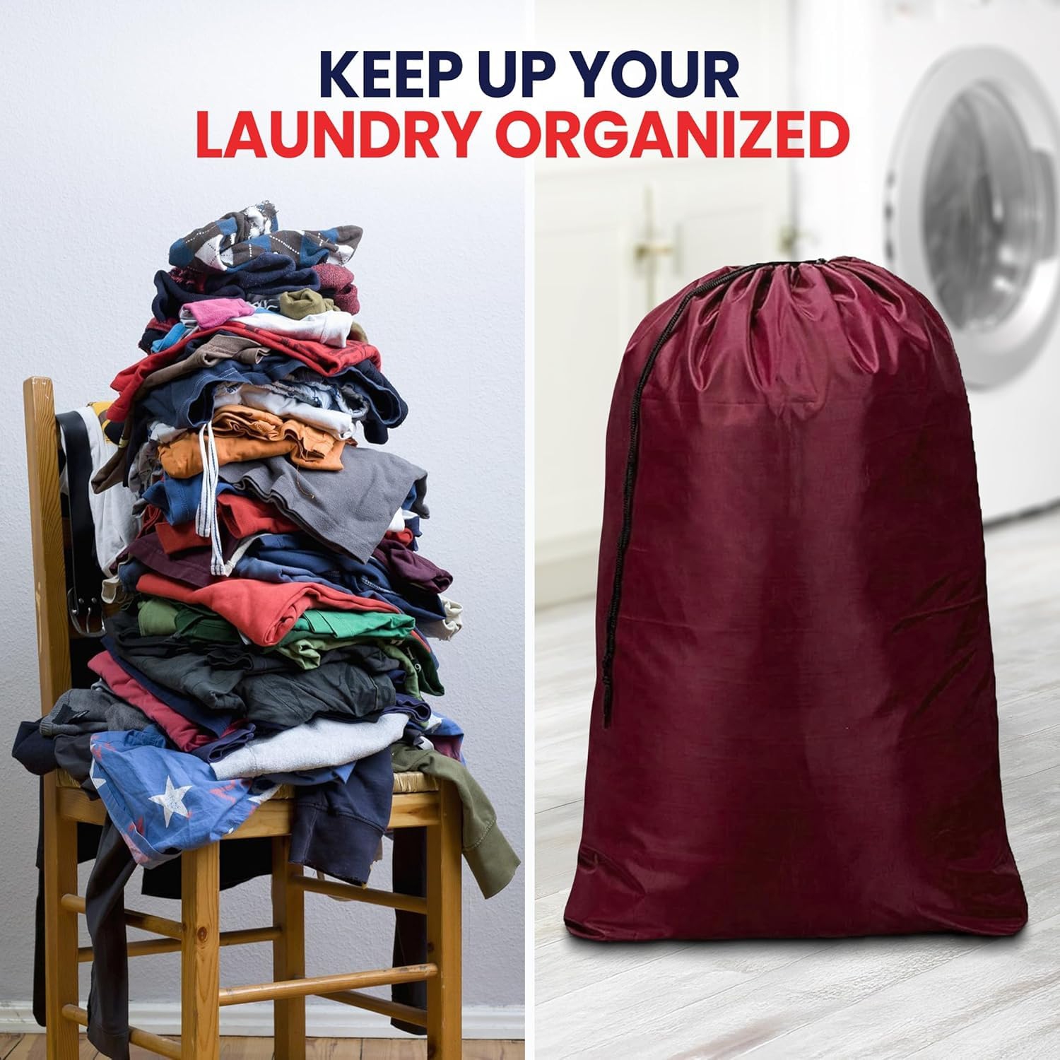 Canadian Linen Nylon Laundry Bags, 24"x36", 6 Pack, Drawstring Clothes Organizer Waterproof Fabric Durable Storage Bag Hamper, Red