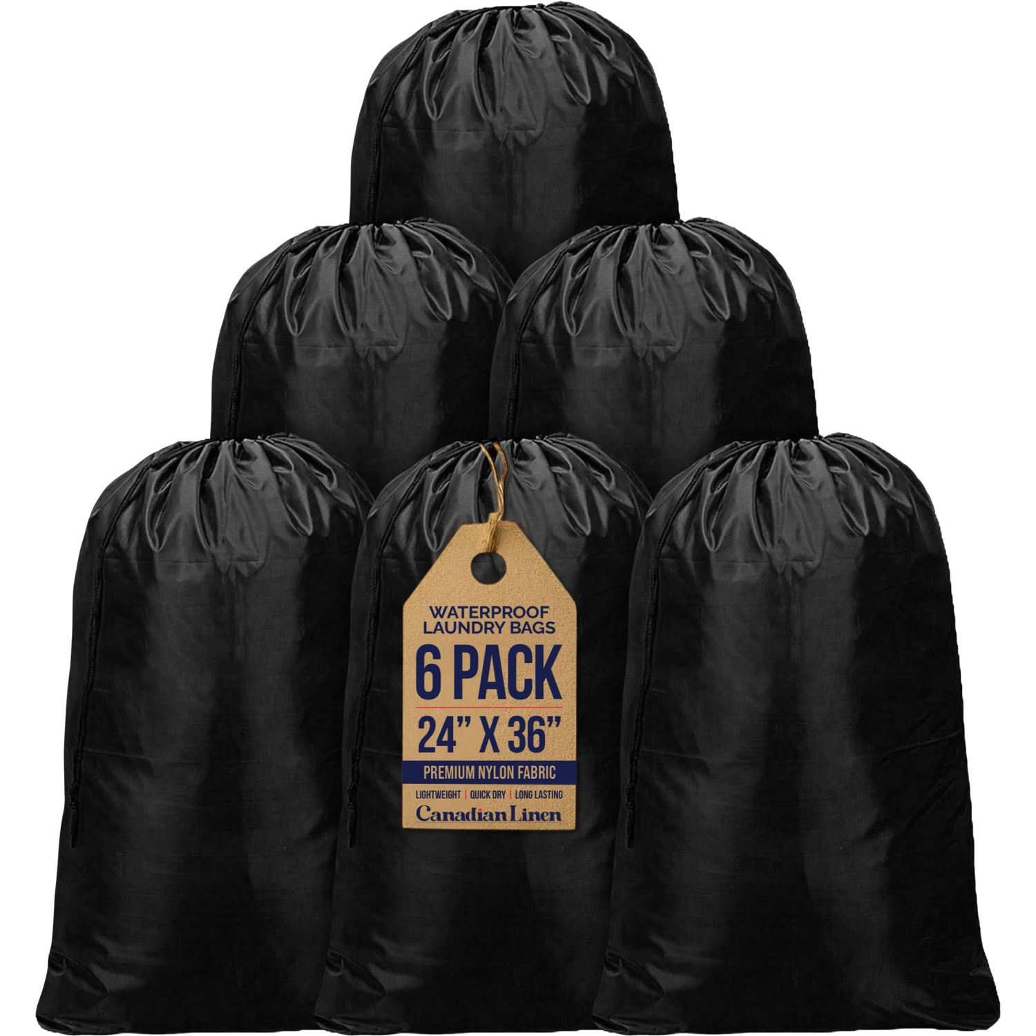 Canadian Linen Nylon Laundry Bags, 24"x36", 6 Pack, Drawstring Clothes Organizer Waterproof Fabric Durable Storage Bag Hamper, Black