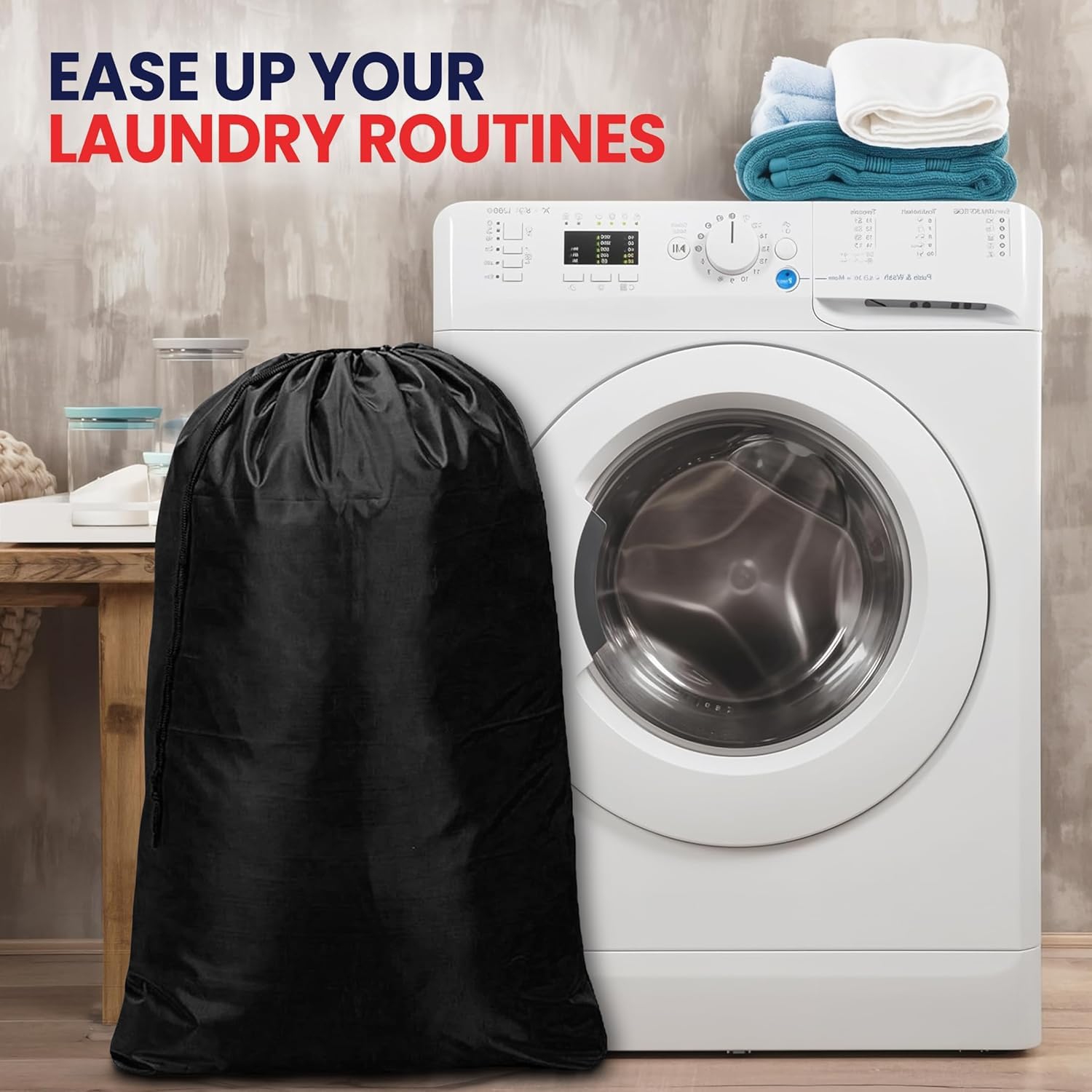 Canadian Linen Nylon Laundry Bags, 24"x36", 6 Pack, Drawstring Clothes Organizer Waterproof Fabric Durable Storage Bag Hamper, Black