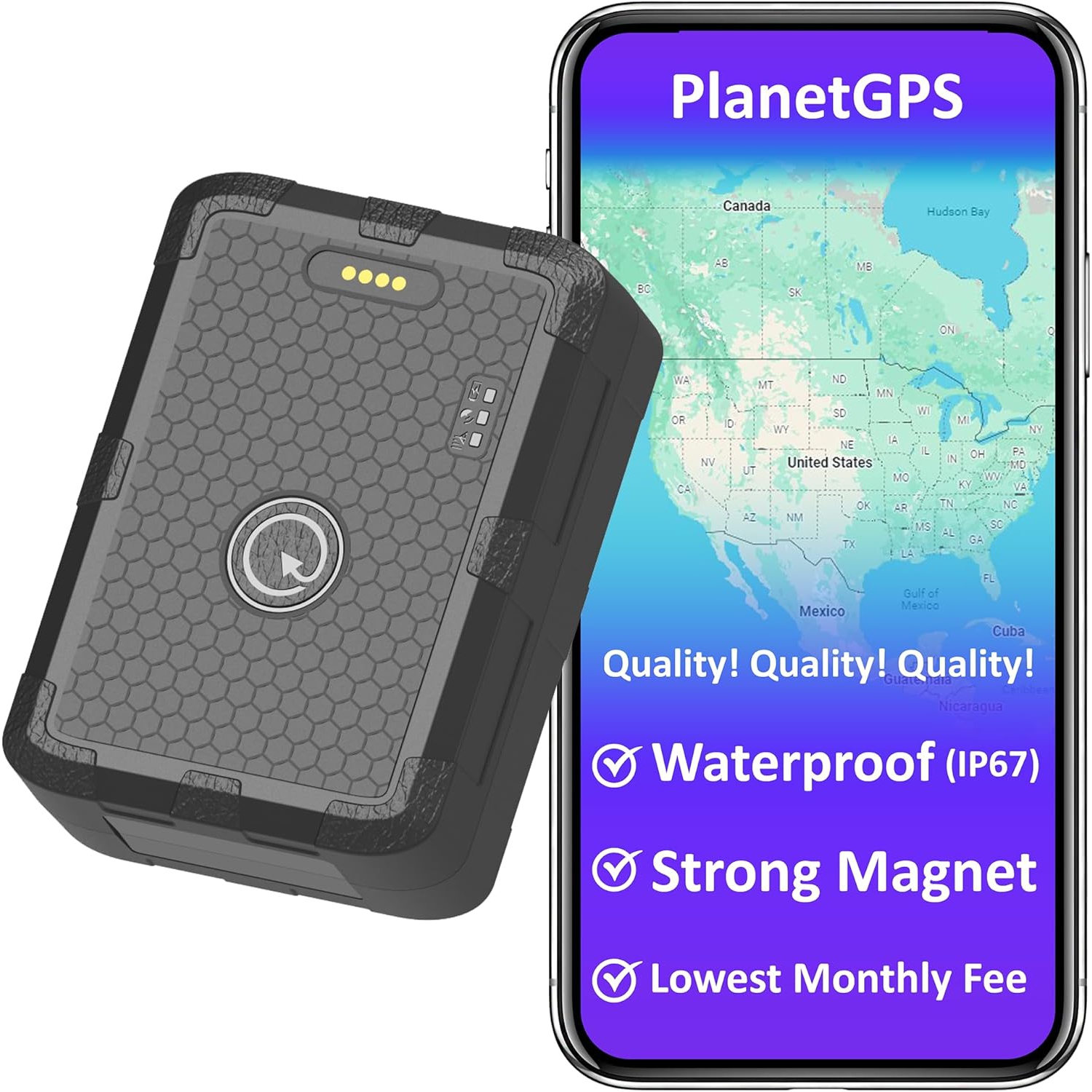 PlanetGPS - Détecteur GPS magnétique étanche pour voiture avec couverture mondiale de 1 ans inclus GPS pour véhicules camions (autonomie de 1 à 2