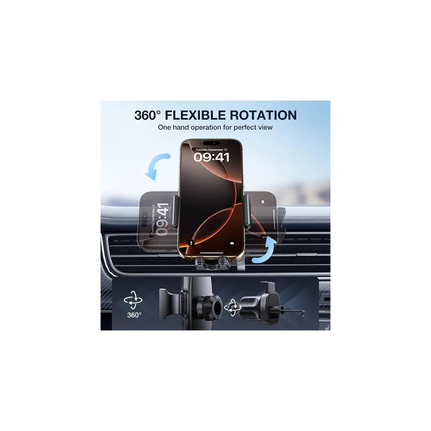 Support de téléphone d'auto réglable à 360° et émetteur FM avec recharge sans fil, appels mains libres, construction en métal et prise pour bouche