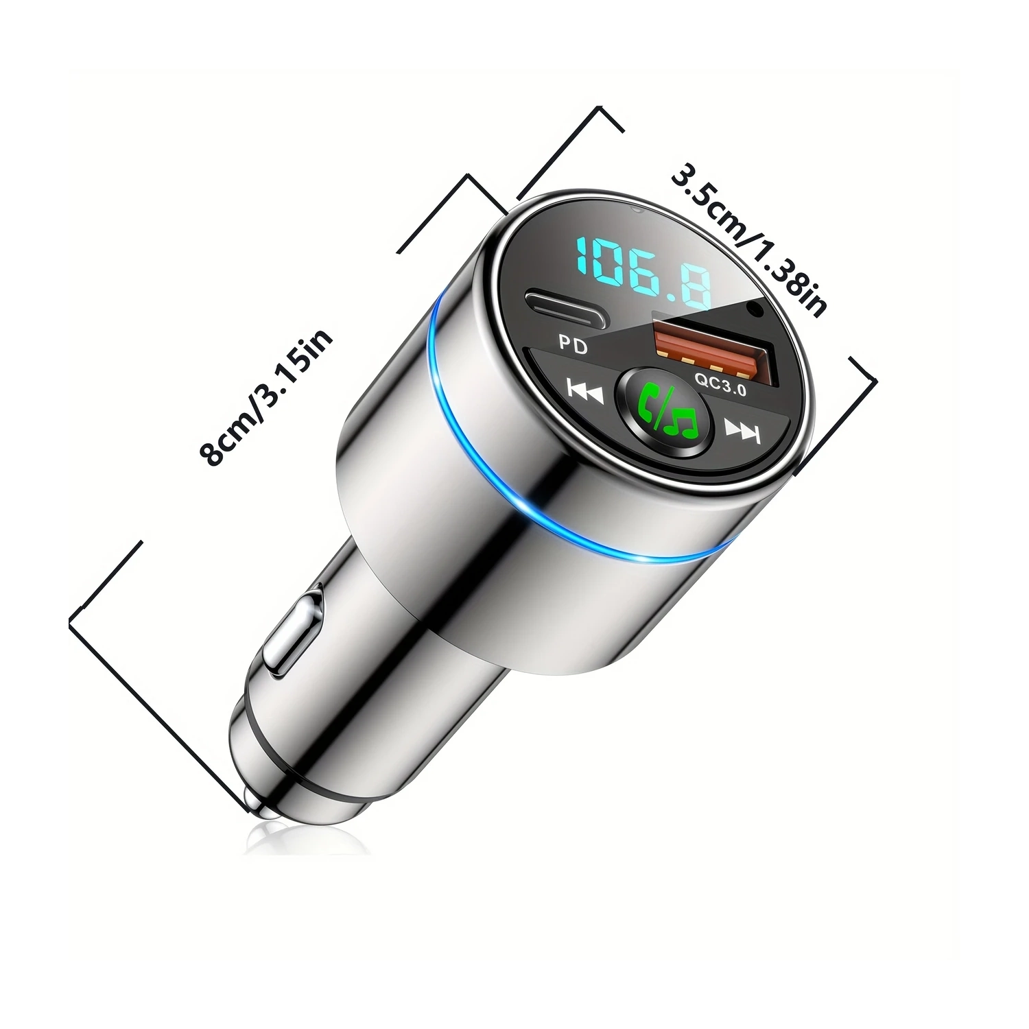 Support de téléphone d'auto réglable à 360° et émetteur FM avec recharge sans fil, appels mains libres, construction en métal et prise pour bouche