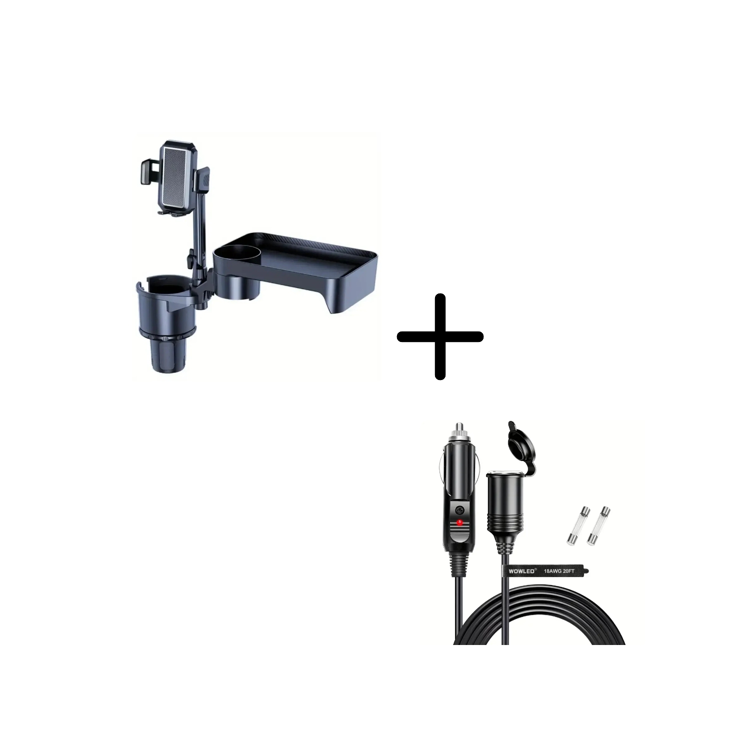 Plateau à nourriture réglable 4-en-1 pour l'auto avec porte-gobelet et porte-téléphone, rotation à 360°, rallonge pour allume-cigare pour l'auto