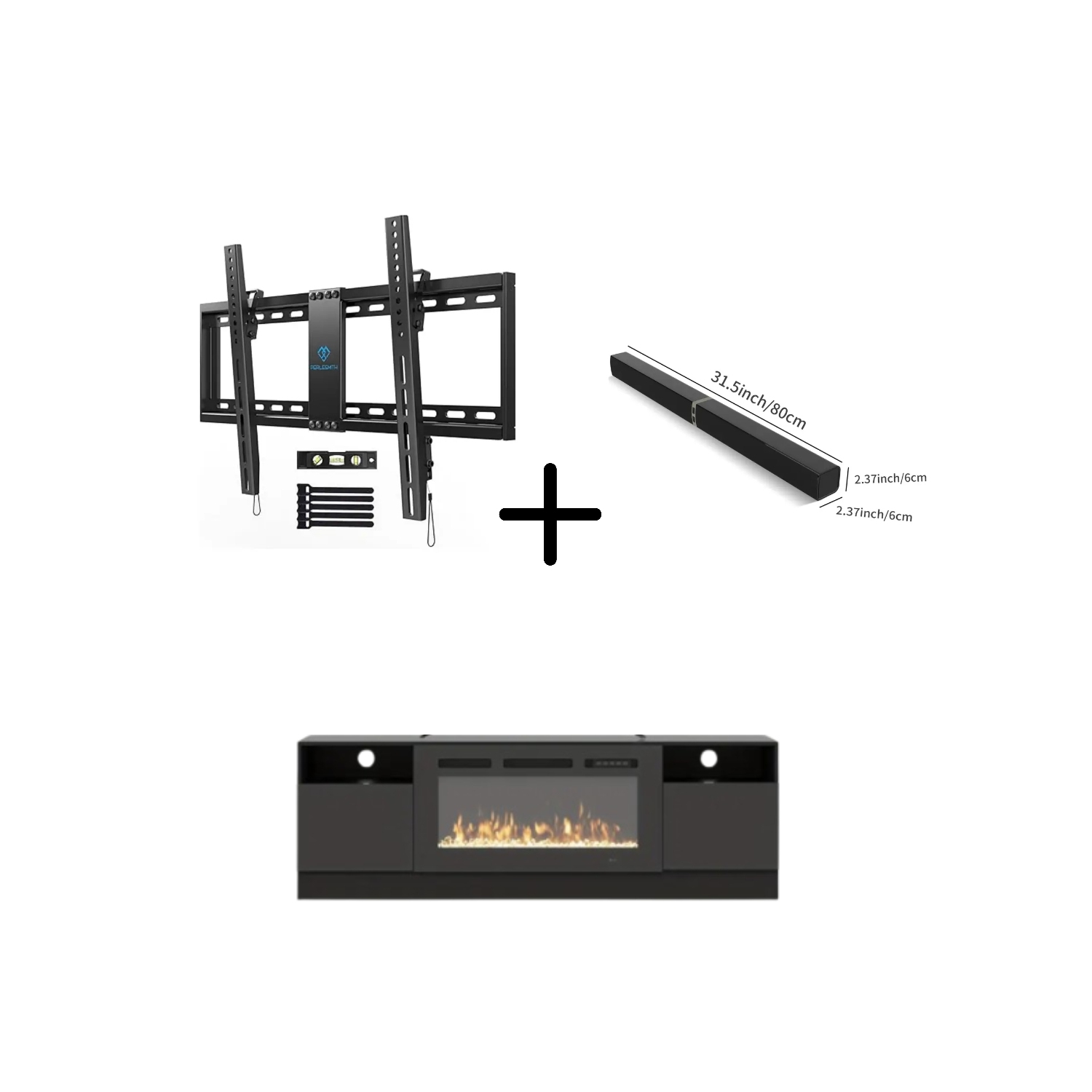 Barre de son pour téléviseur avec haut-parleurs + meuble noir avec foyer et support mural inclinable pour téléviseur de 37 à 82&nbsp;po