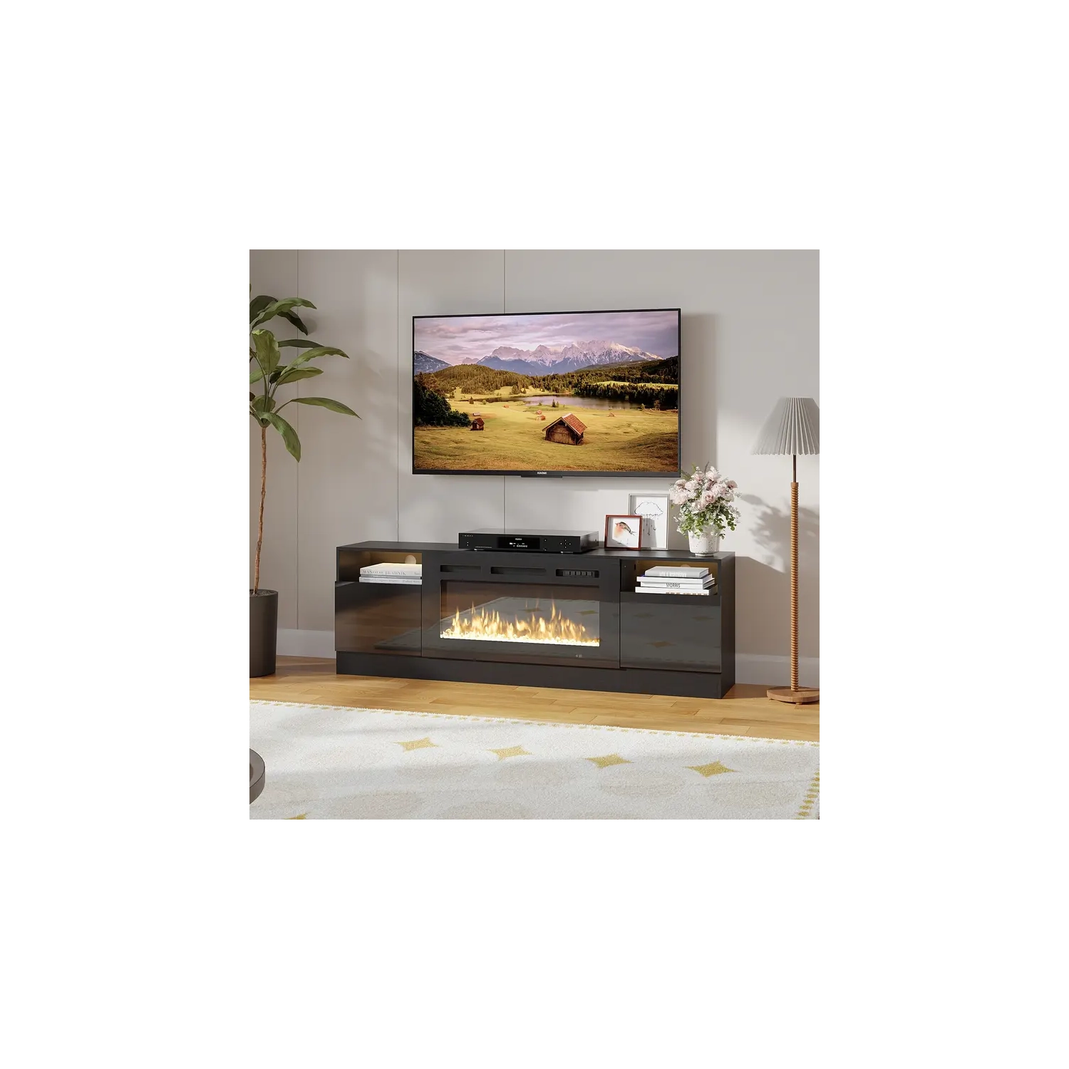 Barre de son pour téléviseur avec haut-parleurs + meuble noir avec foyer et support mural inclinable pour téléviseur de 37 à 82&nbsp;po