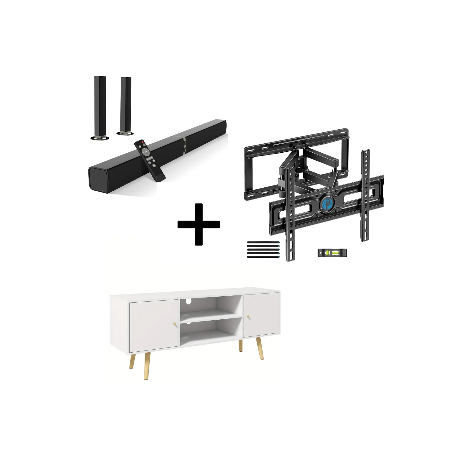 Wireless TV Sound Bar + TV Stand Cabinet & Full Motion Wall Mount for 26-65" TVs
