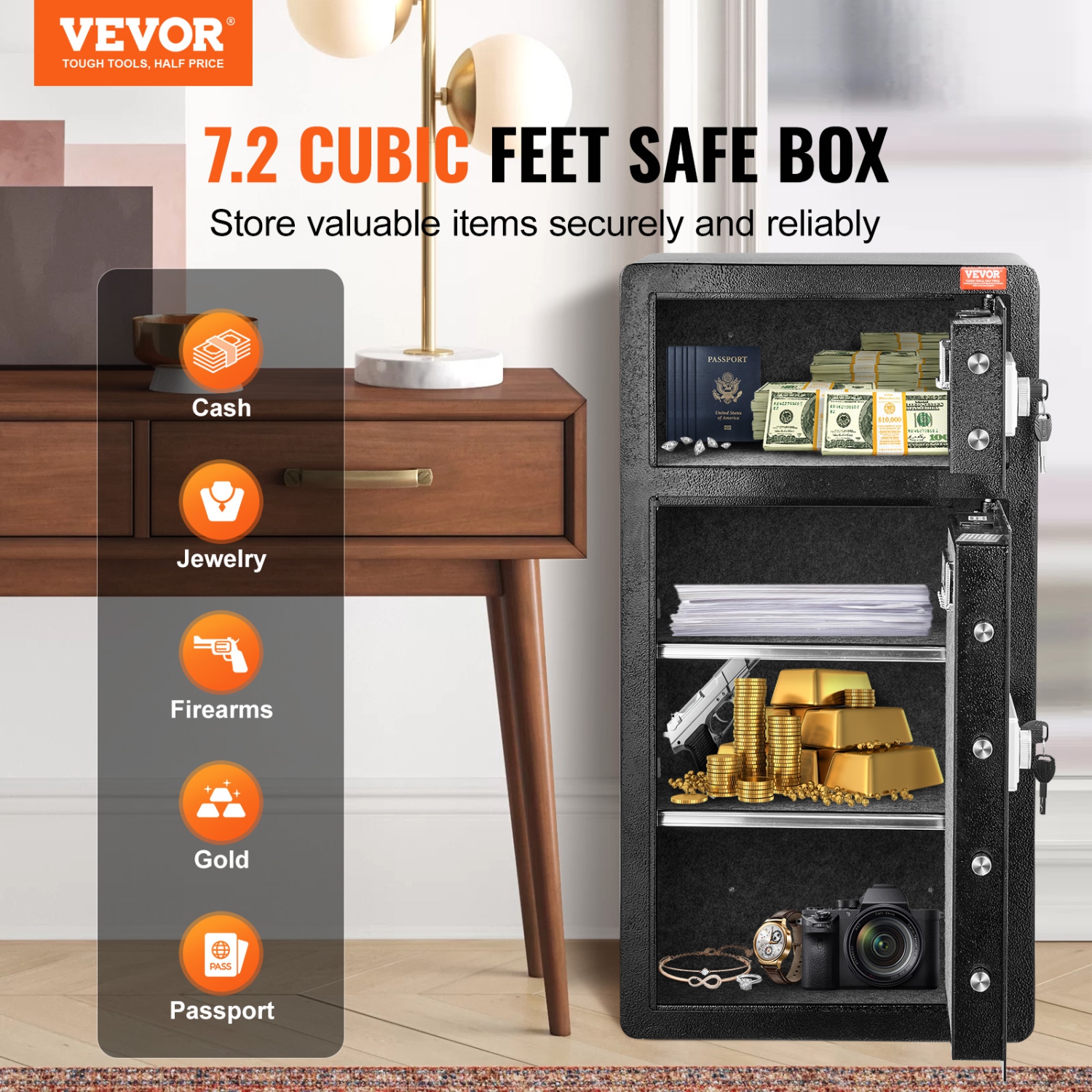 VEVOR Double Doors 7.2 cu.ft Safe Box with Key Lock & Password, Safe Lock Box with Fireproof Bag, Key Rack,