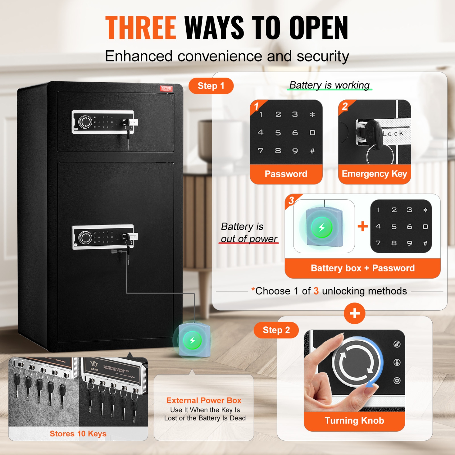 VEVOR Double Doors 7.2 cu.ft Safe Box with Key Lock & Password, Safe Lock Box with Fireproof Bag, Key Rack,