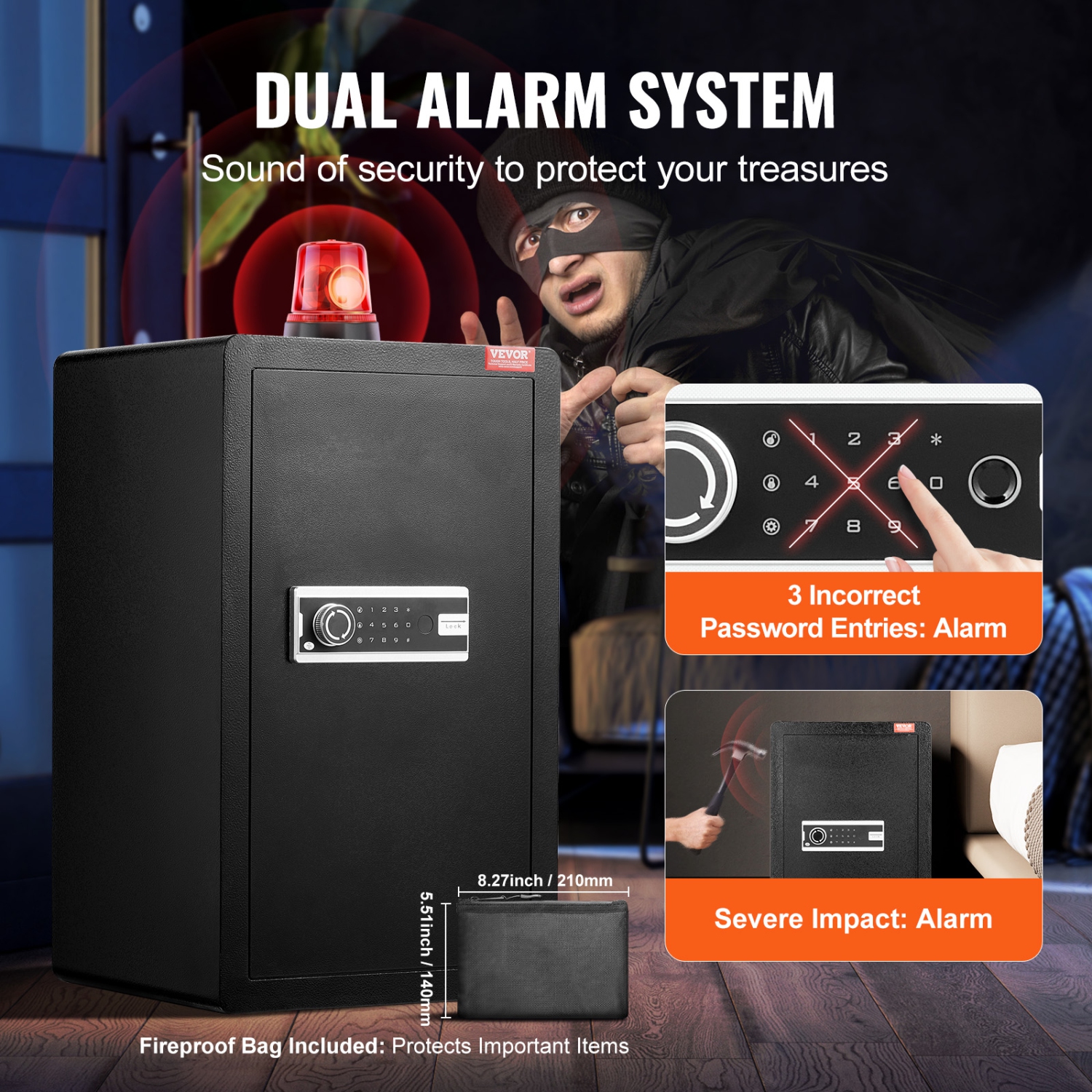 Coffre-fort VEVOR à une porte 4,0&nbsp;pi³ avec serrure à clé et mot de passe, coffre-fort avec sac ignifuge, porte-clés, éclairage LED, 2 tablettes,