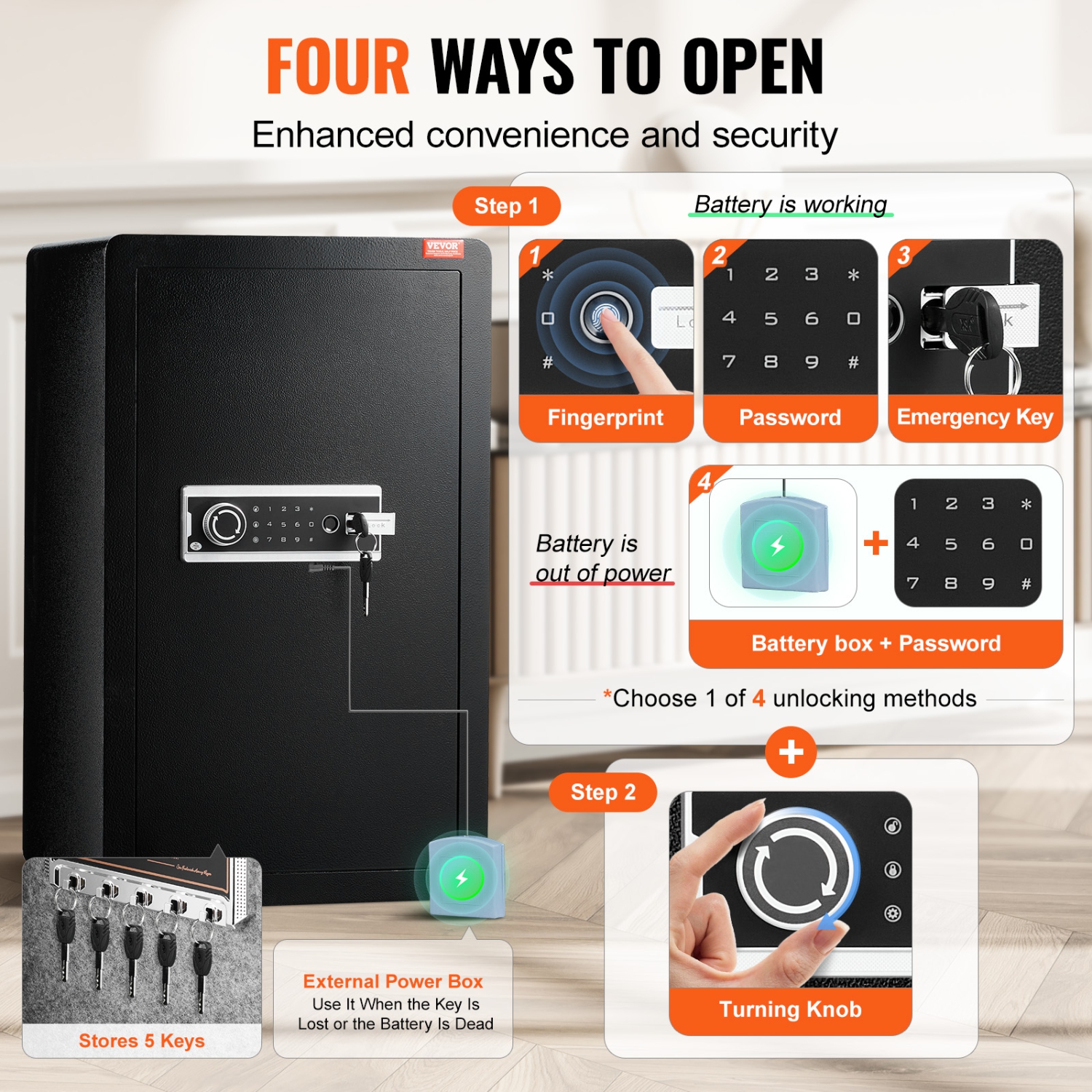 Coffre-fort VEVOR à une porte 4,0&nbsp;pi³ avec serrure à clé, mot de passe et empreintes digitales, coffre-fort avec sac ignifuge, porte-clés,