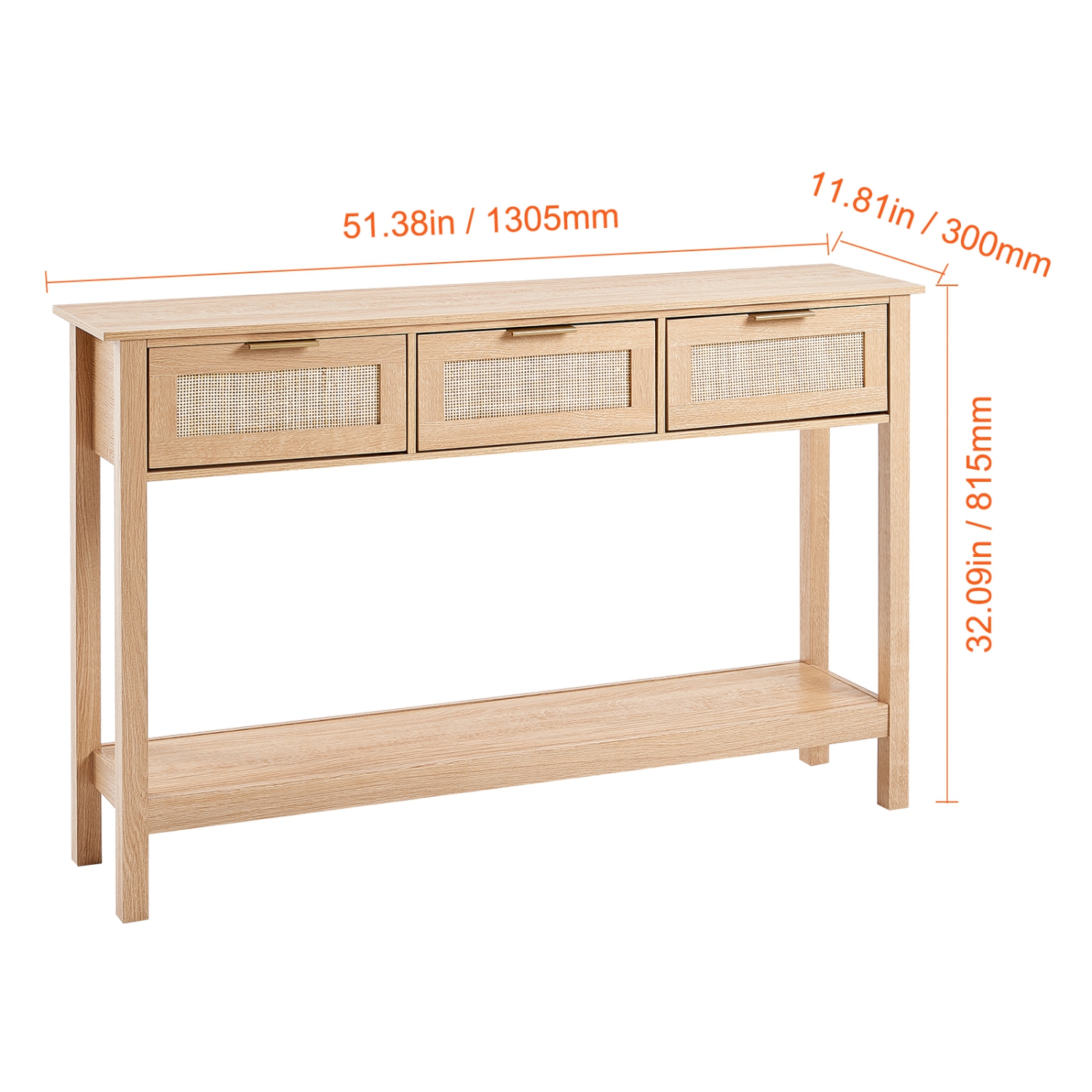 Console en rotin VEVOR avec 3 tiroirs de rangement, table d'entrée en rotin avec porte coulissante en rotin naturel, console de canapé