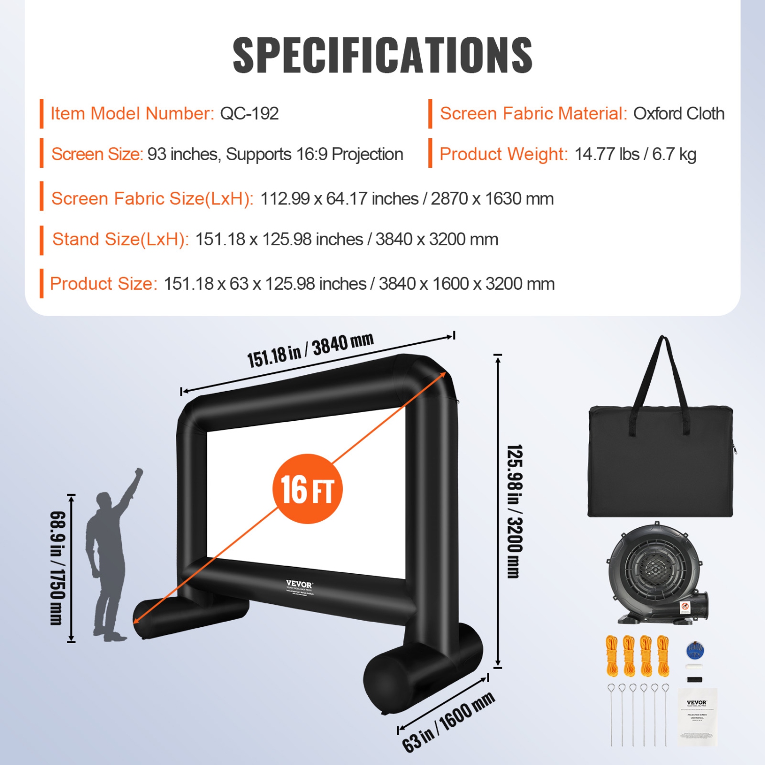 Écran vidéo gonflable VEVOR, écran de projection gonflable de 16 pi pour l'extérieur avec souffleuse et sac de transport, projection avant/arrière