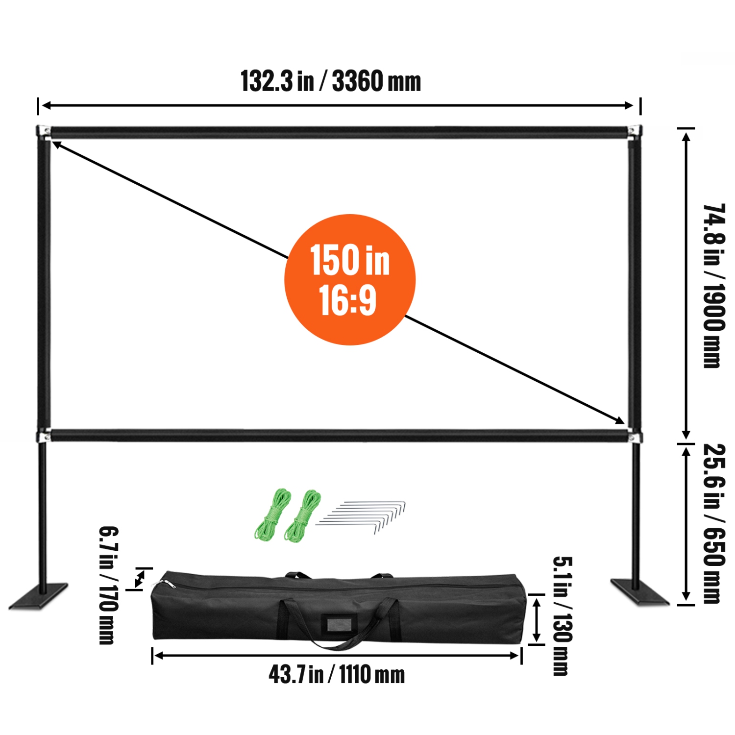 Écran de projection VEVOR avec support 150&nbsp;po Écran de cinéma portatif HD 16:9 4K grand-angle Écran de projection extérieur Support facile