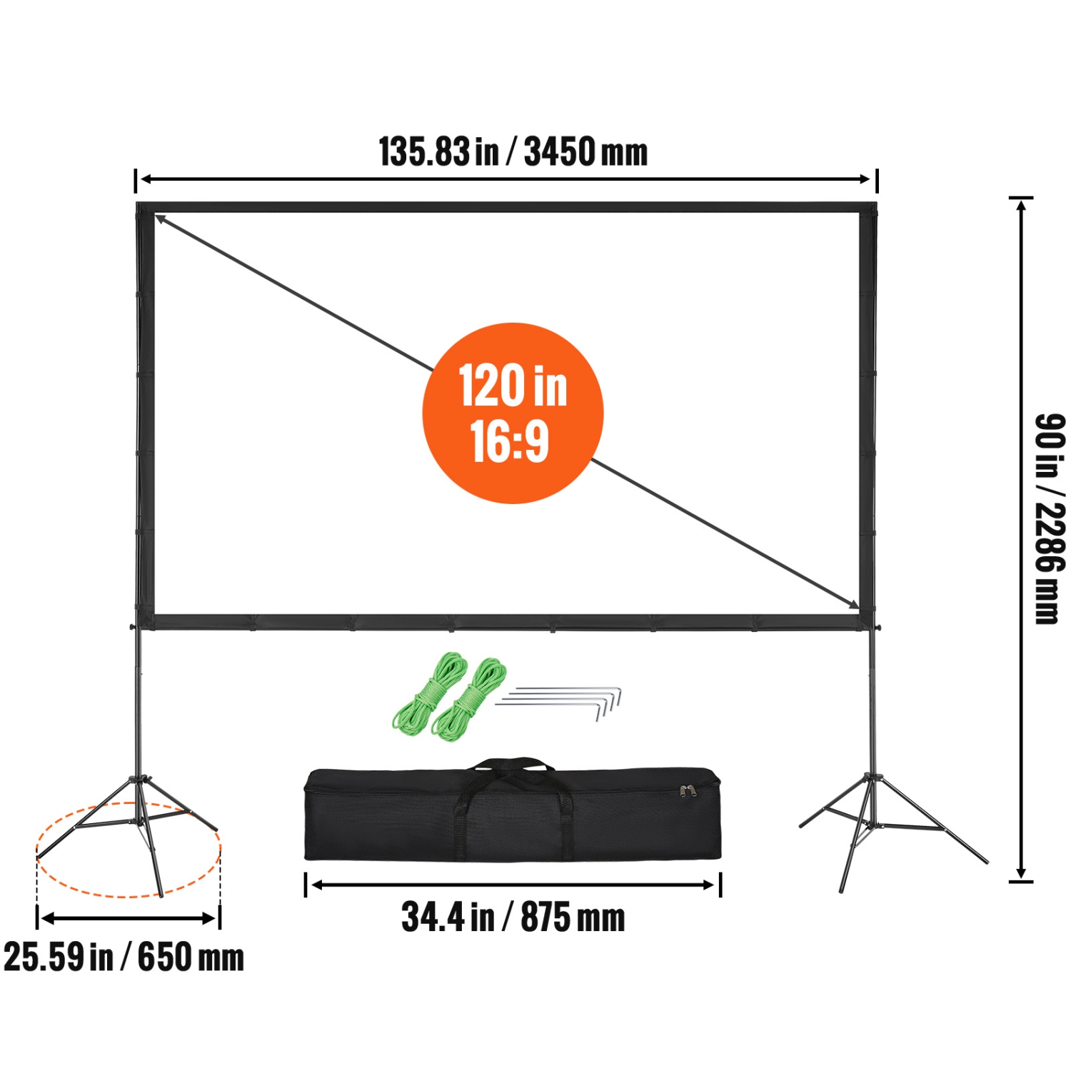 Écran de projection VEVOR avec support, écran de cinéma extérieur HD 16:9 4K 1080 120&nbsp;po avec support, projection antifroissement