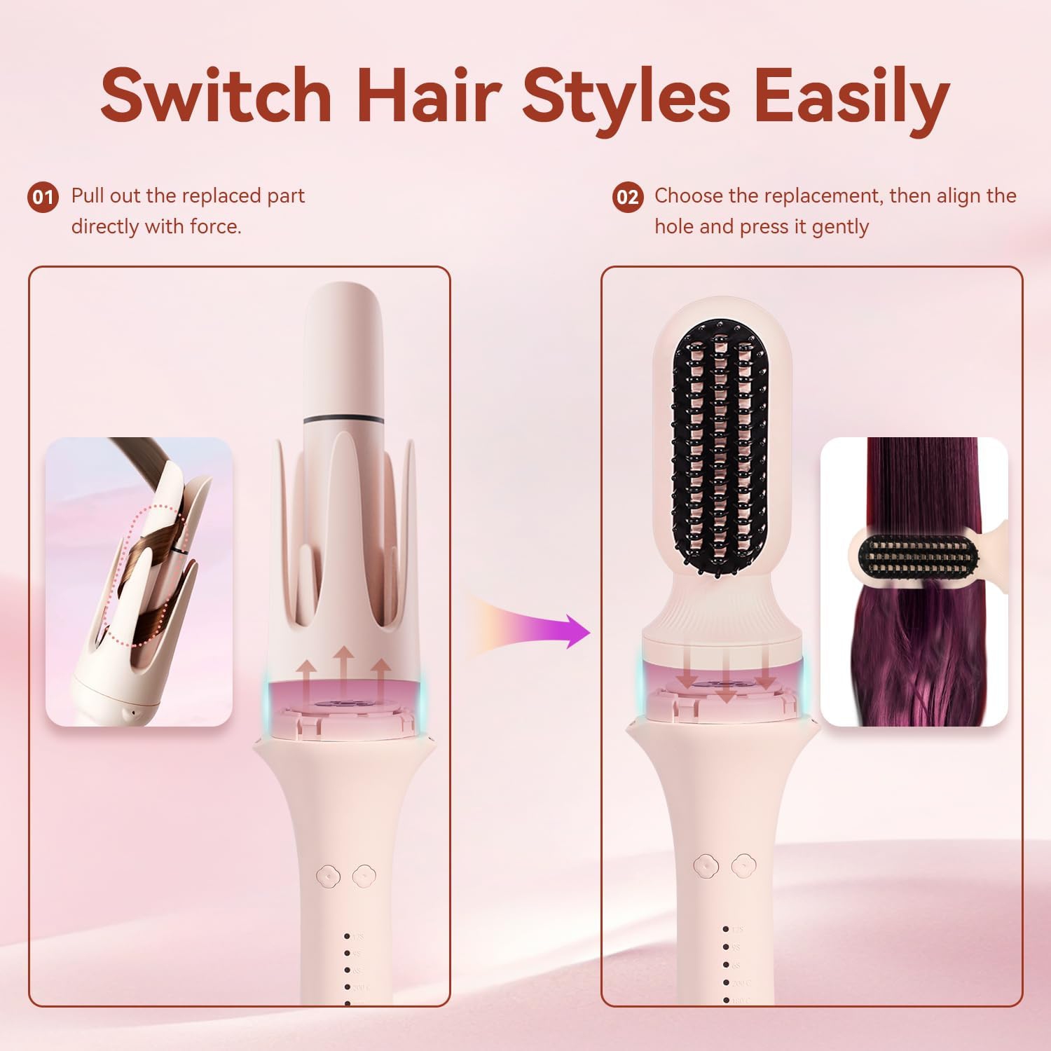 Outil multifonction 3 en 1 à chaud, fers à friser automatiques avec 2 brosse à lisser en céramique, fer à friser et peigne à lisser