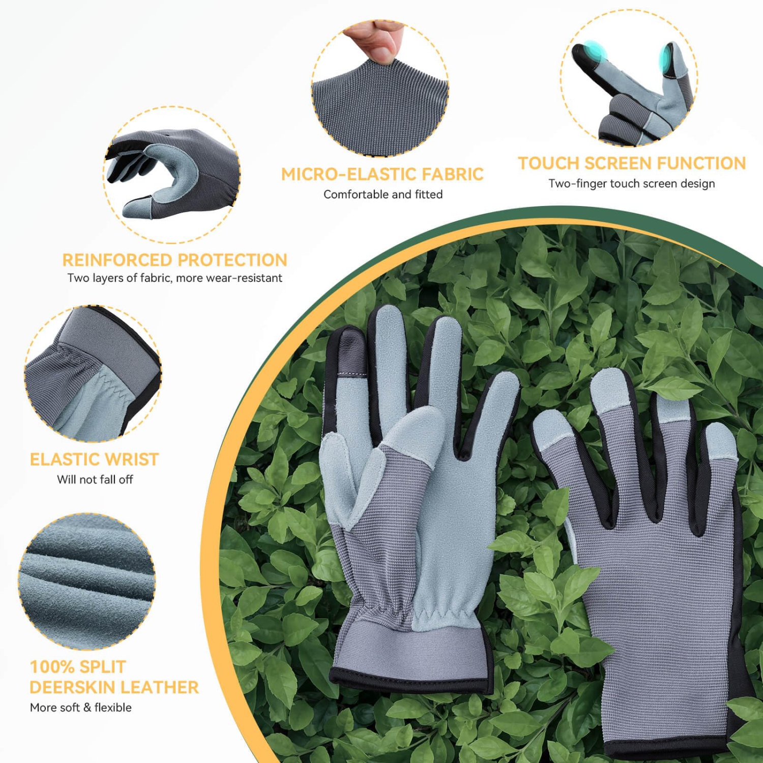 Gants de travail légers, écran tactile Flex, cuir de daim, gants de jardinage pour le travail de jardin, le jardinage, le cyclisme, le bricolage et