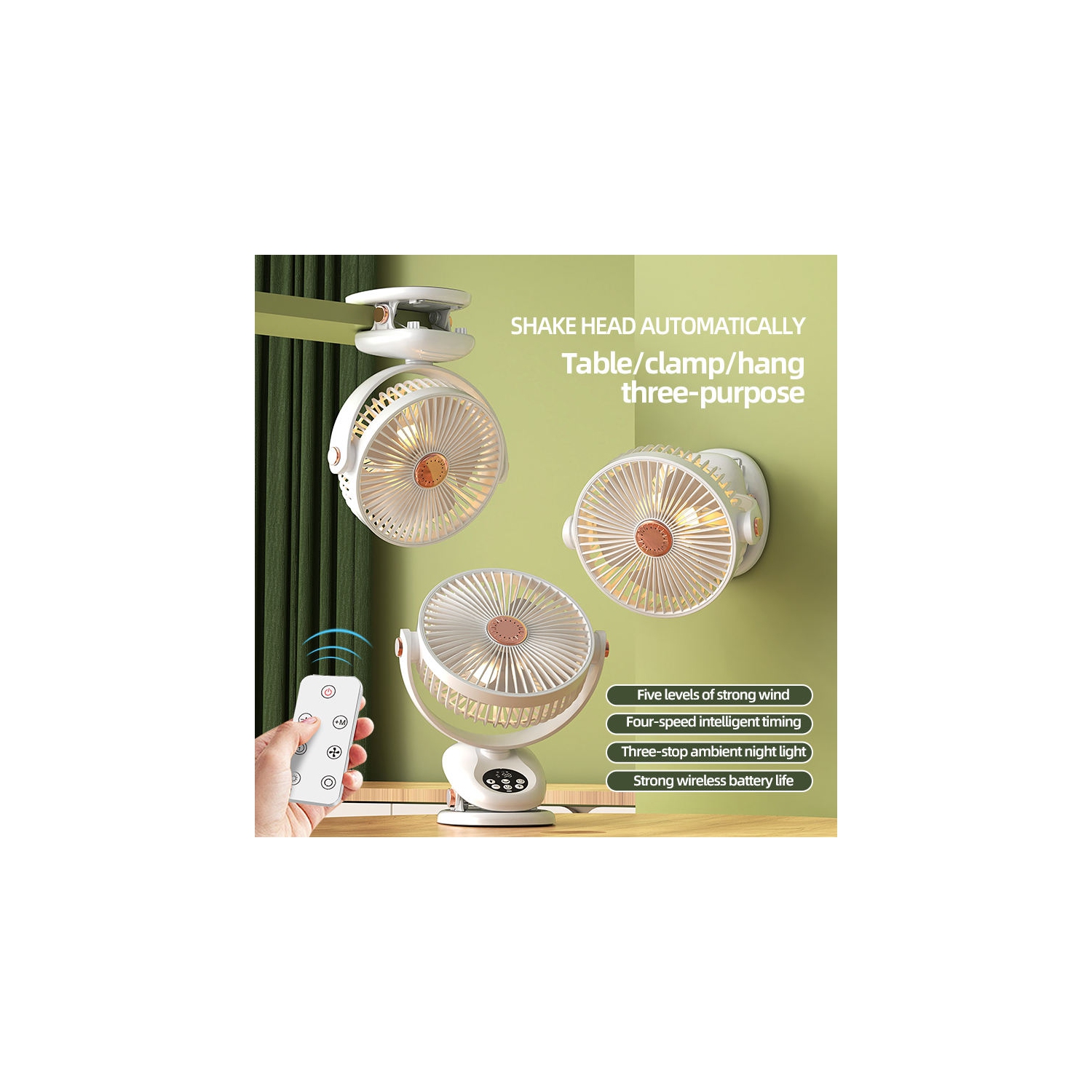 Ventilateur de voyage portatif, ventilateur suspendu léger multifonctionnel, ventilateur de table à 5 vitesses avec pince, recharge USB avec lampe