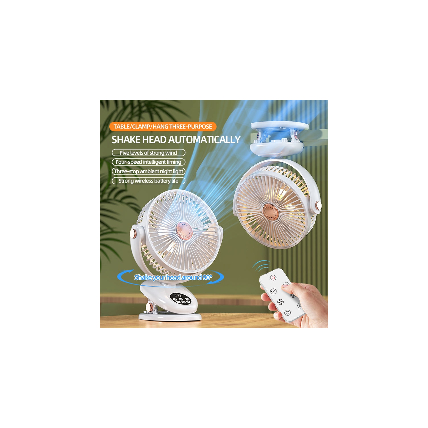 Ventilateur de voyage portatif, ventilateur suspendu léger multifonctionnel, ventilateur de table à 5 vitesses avec pince, recharge USB avec lampe