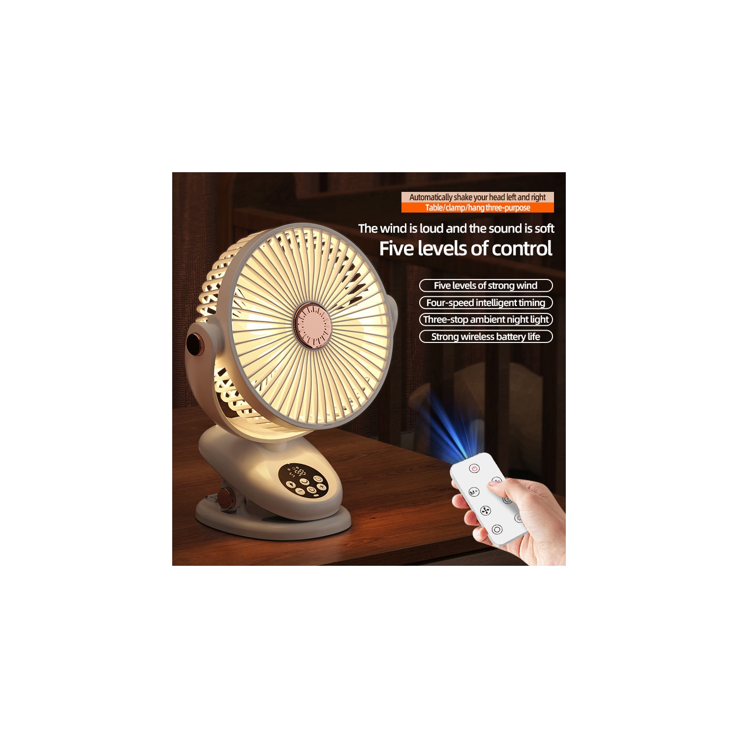 Ventilateur de voyage portatif, ventilateur suspendu léger multifonctionnel, ventilateur de table à 5 vitesses avec pince, recharge USB avec lampe