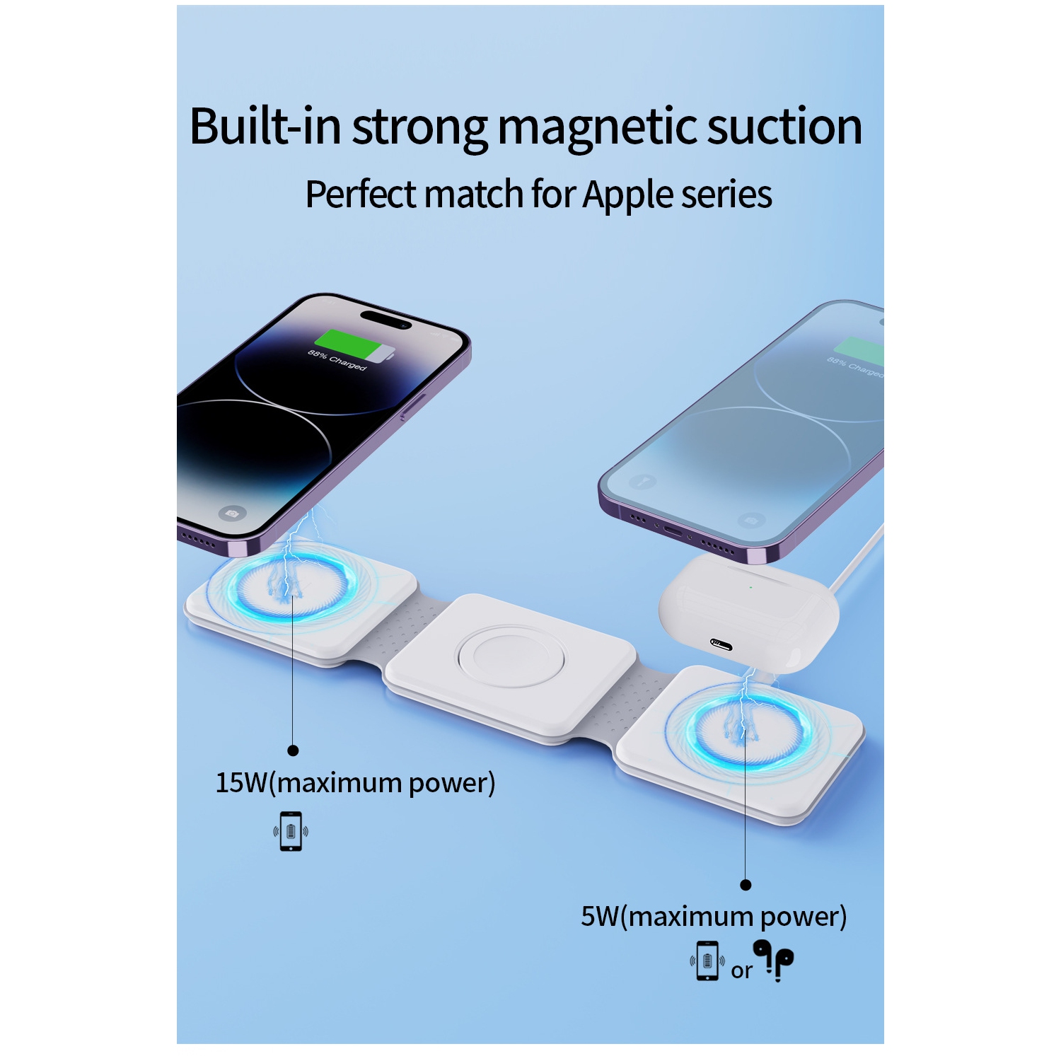 3 IN 1 Wireless Charger Pad Stand Foldable for iPhone 15 14 13 12 Apple Watch AirPods Macsafe Fast Charging Dock