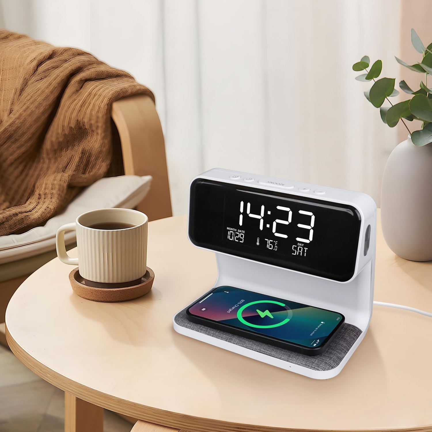 3 in 1 Bedside Lamp Wireless Charging Fabric Base Alarm Clock Night Light